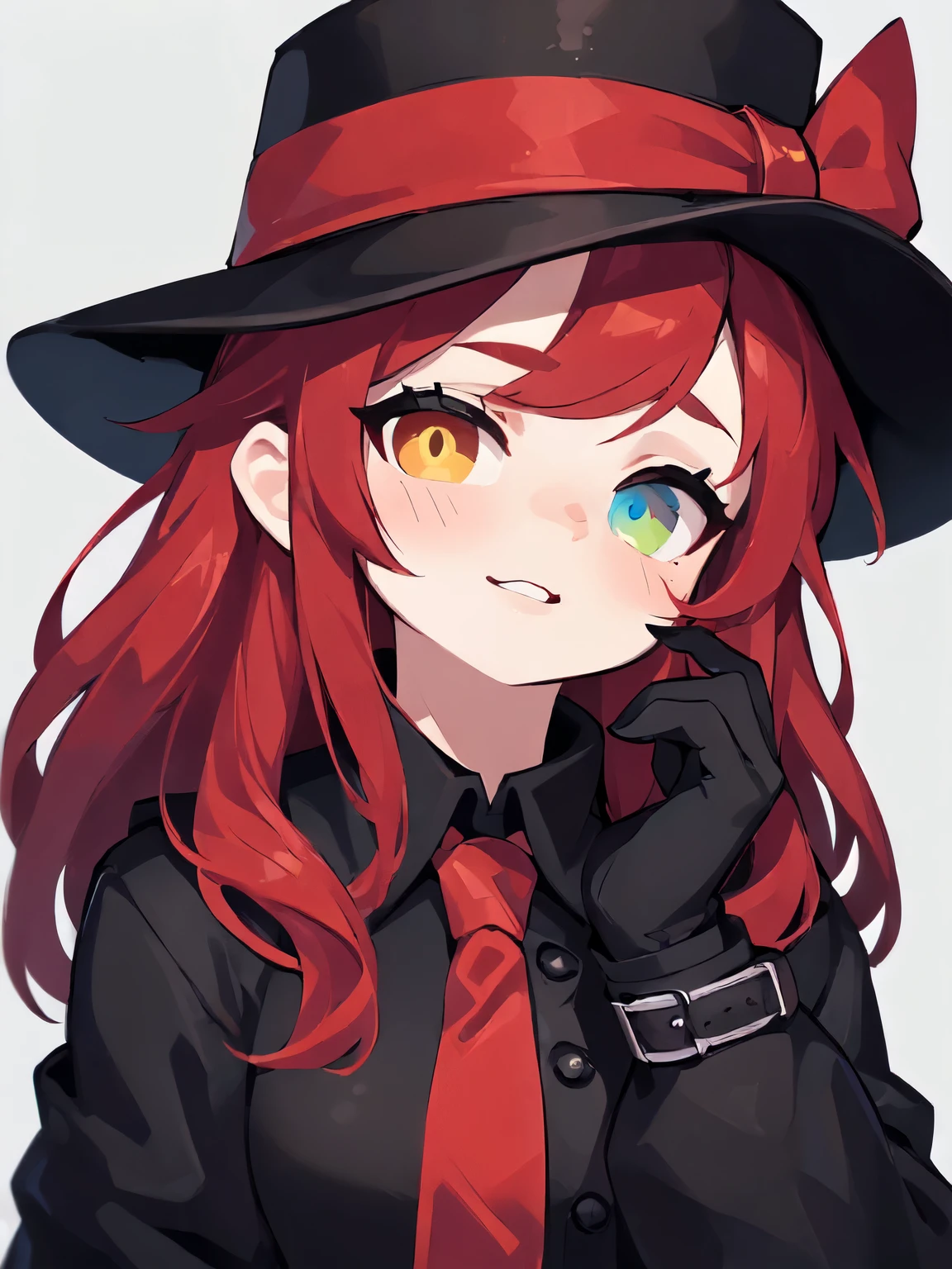 (best quality:2), ((masterpiece)), (detailed), (photorealistic), perfect face, 1girl, long red hair, heterochromia, left eye is yellow and a right eye is green, black tophat with red tape on it, black coat, black gloves, (mafia vibe), pathetic