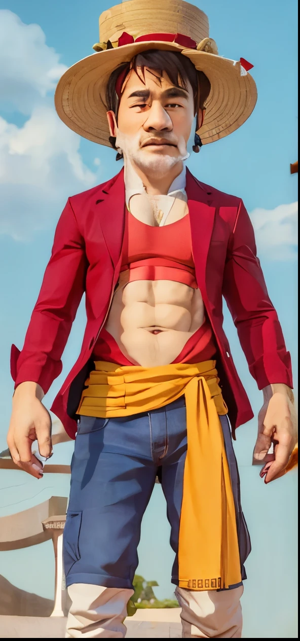 Realistic, highres, Monkey d. Luffy from one piece, A 19-year-old young man with short black hair, wearing a straw hat with a red ribbon. He is dressed in an open red jacket without buttons, (((revealing his muscular chest with a large X-shaped scar))). Luffy is also wearing blue shorts and sandals. His hands are wrapped in bandages, and he is often seen with a wide smile and a confident posture. The background is a tropical island or ocean, reflecting his adventures as a pirate, realistic, cinematic, 4k