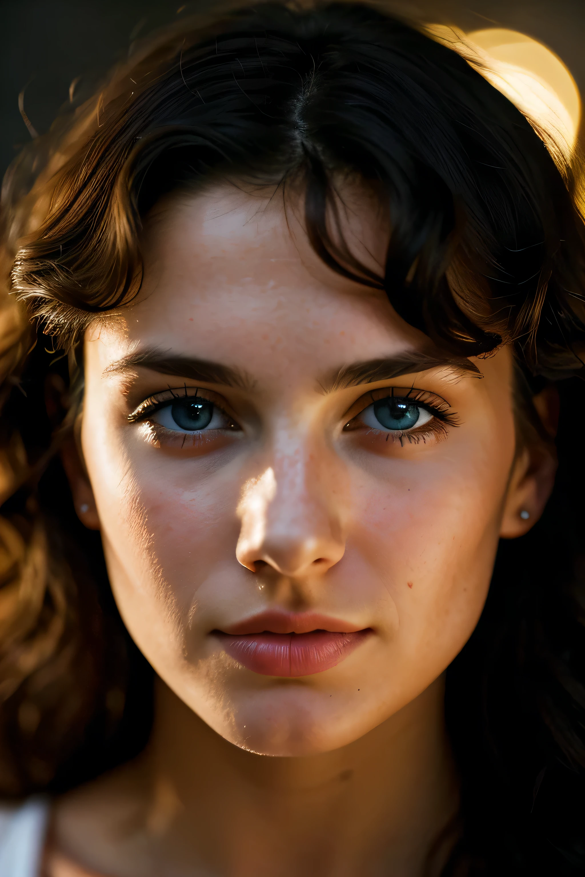 Photo of a woman, (worried expression), textured skin, goosebumps, dark hair curls, face well lit, fron full-face photo, bright background, perfect blue eyes, (candlelight, chiaroscuro), color Porta 160, shot on ARRI ALEXA 65, bokeh, sharp focus on the subject, shot by Don McCullin.