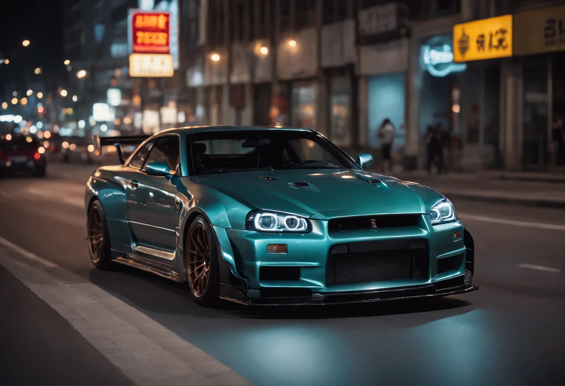 (best quality,4k,8k,highres,masterpiece:1.2),ultra-detailed,(ultra-realistic,photorealistic,photo-realistic:1.37), Nissan Skyline (R34) driving through the streets of Seoul at night,portraits,landscape,night cityscape,glowing neon lights,vibrant colors,shadows and reflections,modern skyscrapers,fast and furious,exciting atmosphere,streets filled with energy,motion blur,dramatic perspective,deep contrast,urban life,city nightlife, sleek design,street racing culture,high-performance sports car,city lights,light trails,fast cars,date night,need for speed.