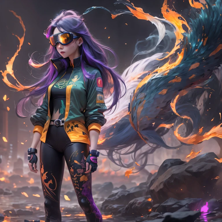 2099 cyberpunk year(masterpiece,HD,超HD,32k lotus root starch)Bright purple flowing hair,autumn pond, lotus root starch color, Asian (Michiko), (silk scarf), fighting stance, looking at the ground, Orange gradient long hair, ((Thick frame reflective jade windproof goggles))Floating bright purple, Fire cloud gold headdress, Chinese long-sleeved gold silk garment, (Abstract ink splash:1.2),mars background,lotus(realistically:1.4),bright purple hair,Smoke on the road,The background is very ivory、pure, high resolution, Detailed wind protection goggles, RAW photos lotus root starch, Sharp Re, Nikon D850 film photo by Jefferies Lee 4 Kodak Portra 400 camera F1.6 guns, rich and colorful, Super real、Vivid textures, dramatic lighting, Unreal Engine Art Station Trend, Silicon Nest 800,