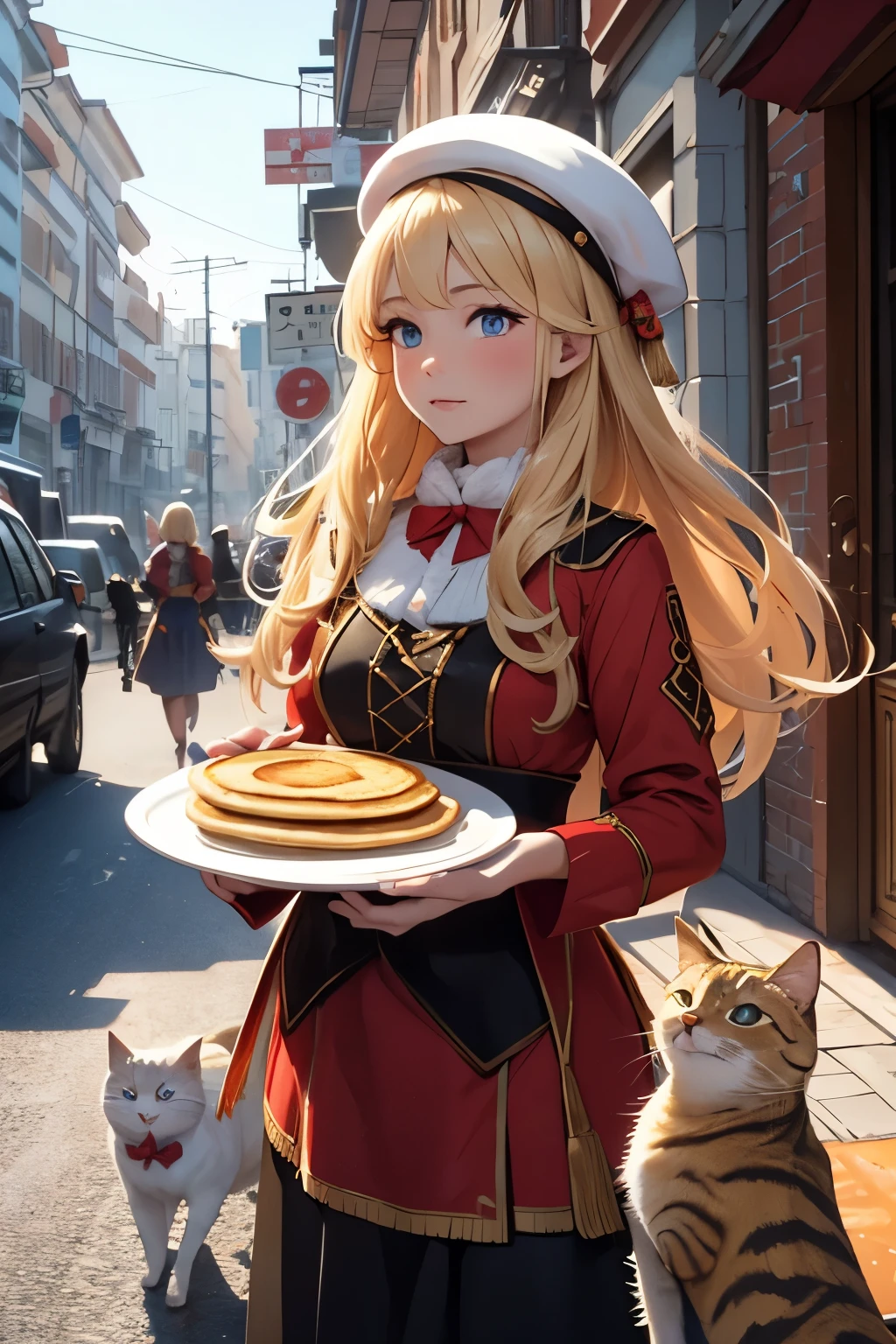 A blonde girl in a Russian national costume and a kokoshnik feeds a cat with pancakes, to the streets, 4k, ultra quality