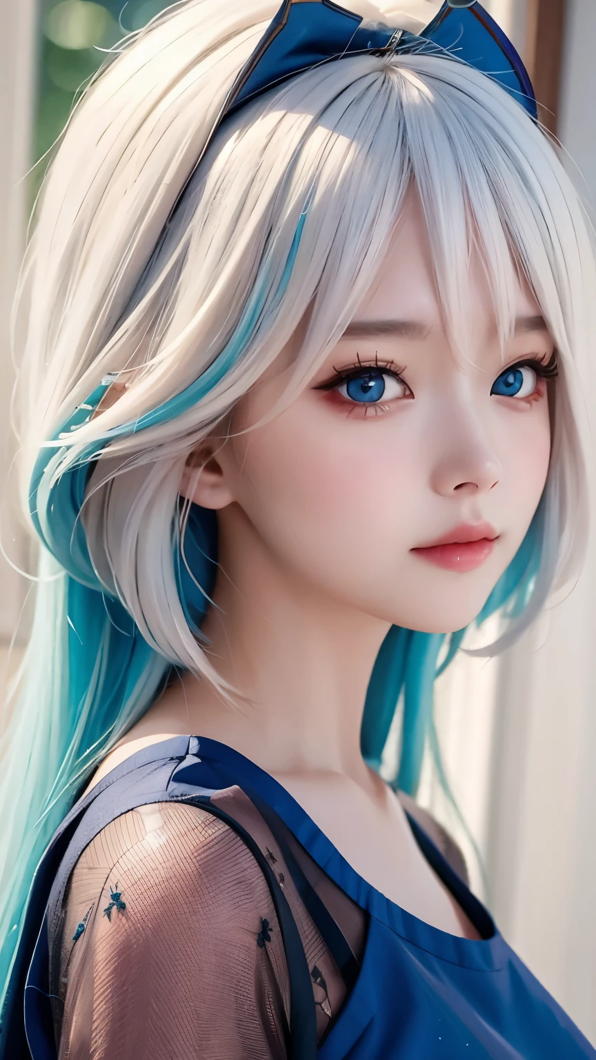 One wearing a blue dress、Close-up of woman wearing white headband, guweiz style artwork, IG model | artistic germ, extremely detailed artistic germ, surreal anime, Soft portrait shots 8K, artistic germ. anime illustration, Bowater&#39;s art style, blonde princess, 8k artistic germ bokeh，blue hair，semi long hair，blue eyes