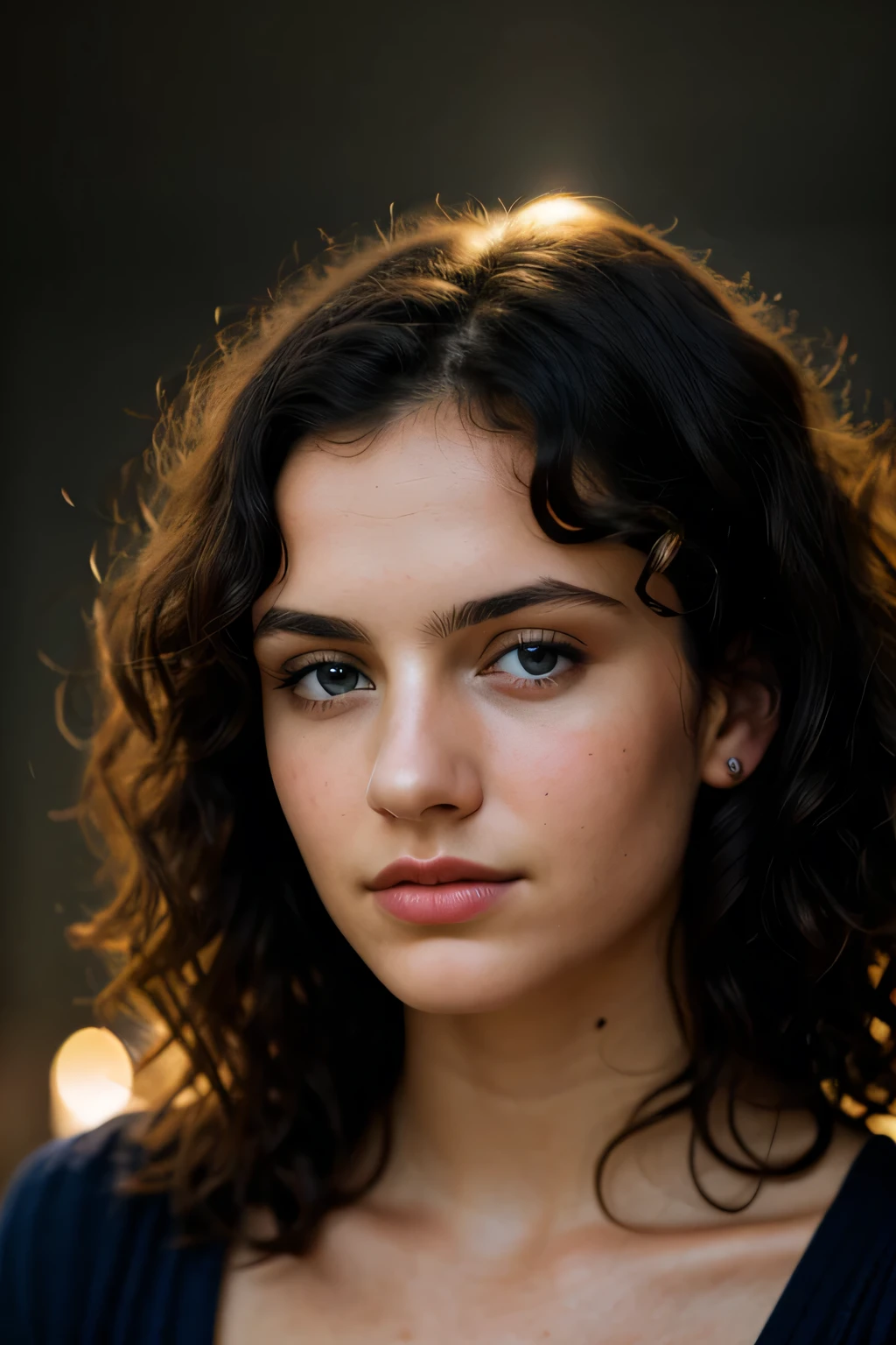 Photo of a woman, (worried expression), textured skin, goosebumps, dark hair curls, face well lit, fron full-face photo, bright background, perfect blue eyes, (candlelight, chiaroscuro), color Porta 160, shot on ARRI ALEXA 65, bokeh, sharp focus on the subject, shot by Don McCullin.
