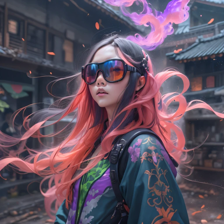 2099 cyberpunk year(masterpiece,HD,超HD,32k lotus root starch)Bright purple flowing hair,autumn pond, lotus root starch color, Asian (Michiko), (silk scarf), fighting stance, looking at the ground, Orange gradient long hair, ((Thick frame reflective jade windproof goggles))Floating bright purple, Fire cloud gold headdress, Chinese long-sleeved gold silk garment, (Abstract ink splash:1.2),mars background,lotus(realistically:1.4),bright purple hair,Smoke on the road,The background is very ivory、pure, high resolution, Detailed wind protection goggles, RAW photos lotus root starch, Sharp Re, Nikon D850 film photo by Jefferies Lee 4 Kodak Portra 400 camera F1.6 guns, rich and colorful, Super real、Vivid textures, dramatic lighting, Unreal Engine Art Station Trend, Silicon Nest 800,