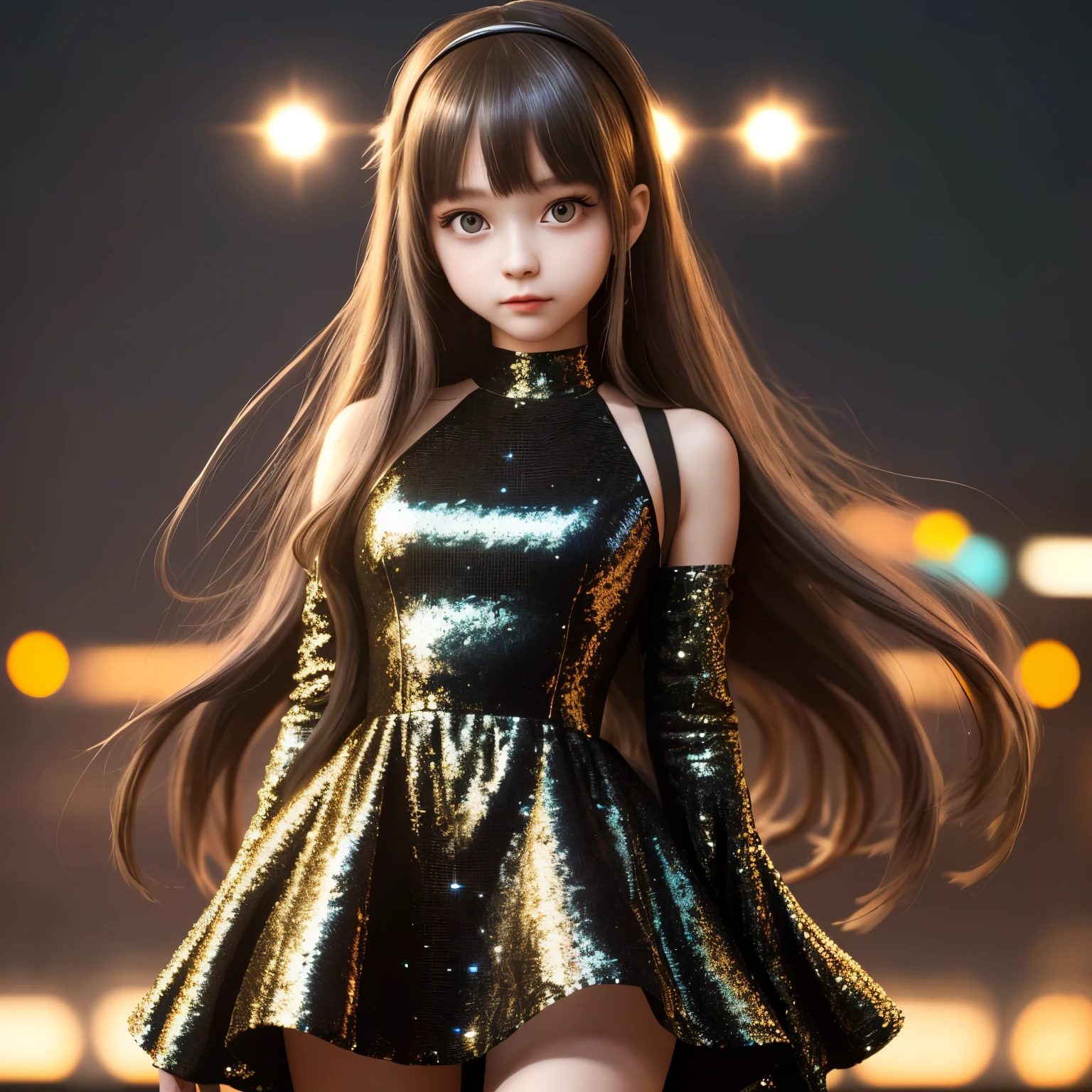 A cute girl wearing a sequined mini dress., She has semi-long hair and wears a hairband., depth of field, masterpiece, ccurate, anatomically correct, super detail, high quality, highres