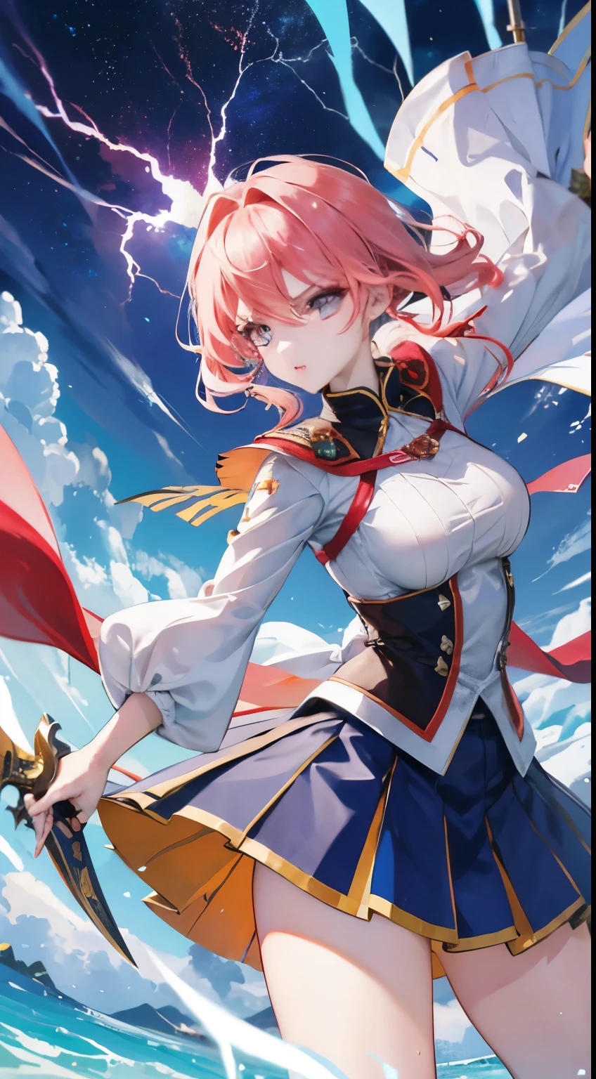 On the Stormy Battlefield, A woman in a Lolita costume、Wield a weapon infused with the power of the Fire Element.(( Lightning danced beside her)), Reflecting the strength of her determination,Because she embodies the power of the forces of nature in battle.official art, 8k wallpaper, Super detailed, beautiful and aesthetic, beautiful, masterpiece, highest quality,(Focus on the thighs),clean face,eye details,(Wind,fluttering hair,flowing skirt),