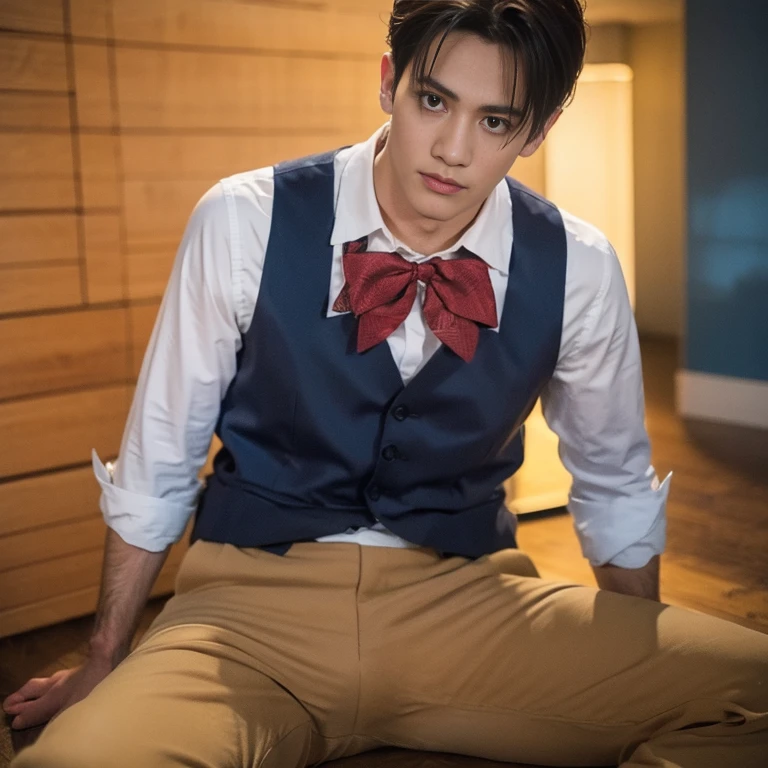 1boy,muscular,penis,white shirt, best quality,bow tie,Trousers,blush,wet,(torn clothes),lying,