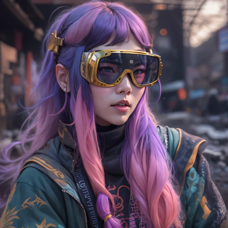 2099 cyberpunk year(masterpiece,HD,超HD,32k lotus root starch)Bright purple flowing hair,autumn pond, lotus root starch color, Asian (Michiko), (silk scarf), fighting stance, looking at the ground, Orange gradient long hair, ((Thick frame reflective jade windproof goggles))Floating bright purple, Fire cloud gold headdress, Chinese long-sleeved gold silk garment, (Abstract ink splash:1.2),mars background,lotus(realistically:1.4),bright purple hair,Smoke on the road,The background is very ivory、pure, high resolution, Detailed wind protection goggles, RAW photos lotus root starch, Sharp Re, Nikon D850 film photo by Jefferies Lee 4 Kodak Portra 400 camera F1.6 guns, rich and colorful, Super real、Vivid textures, dramatic lighting, Unreal Engine Art Station Trend, Silicon Nest 800,