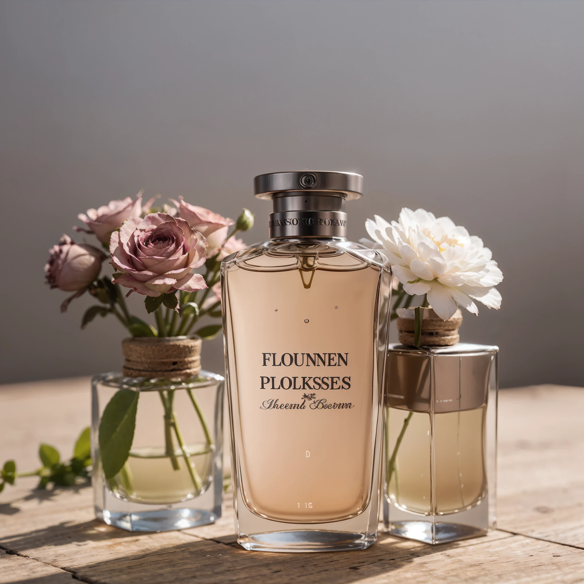 Product Photography, Close-up Transparent and beautiful perfume bottle with text "floral" Perfume bottle label and background signboard,