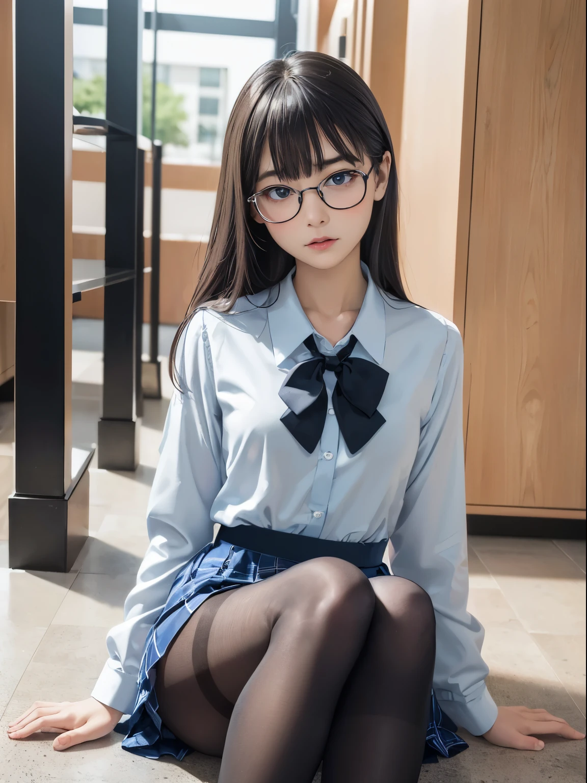 (I can see my underwear)、((細いeye))、((細いeye))、((細いeye))、(8K、生photographgraphy、highest quality、masterpiece：1.2),、small、(flat chest)、(flat chest)、(flat chest)、(flat chest)、(flat chest)、(Are thin)、Fair skin、Whitening、dark look、skinny,Fair skin肌,Saucy,Schoolの,looking at the viewer,looking straight ahead,high-pitched clothes,erotic,students,white skin,knees,(((black pantyhose)),((black pantyhose))),disorganized,(small face),(small face),I can see the forehead,Bangs hanging from the left and right sides of the forehead,(cold look,eyeがきつめ,glare,bullish,anger)、masterpiece,highest quality、ultra high resolution,生photograph,beautiful,beautiful,There is only one person, solo,Glasses,,dark look,small breasts same,full body,(まるGlasses),JK uniform,high school girl,japanese woman, （photorealistic：1.37）、School、photon mapping,Reality、beautiful woman,cute baby face,ブラウンeye、black socks、(red bow tie)、radio city、Physically based rendering、depth of field rally background、photograph,body,beautiful feet, long legs, thin legs,(I can see my bangs), Hairy pubic area, lips, blue_eye, nose soft,(light blue dress shirt), (Navy, blue and white plaid pleated skirt), kneesが見える,transparent clothing,, Peaches, black cotton socks,Nogizaka Idol, , japanese idol