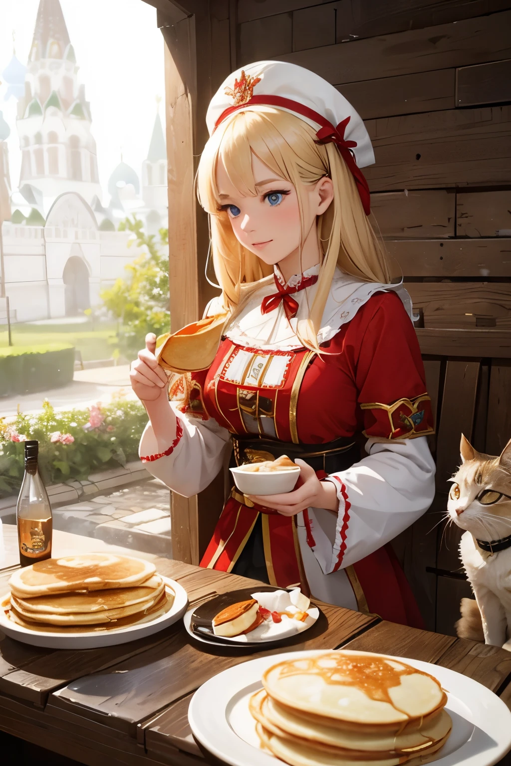 A blonde girl in a Russian national costume and a kokoshnik feeds a cat with pancakes, to the streets, 4k, ultra quality