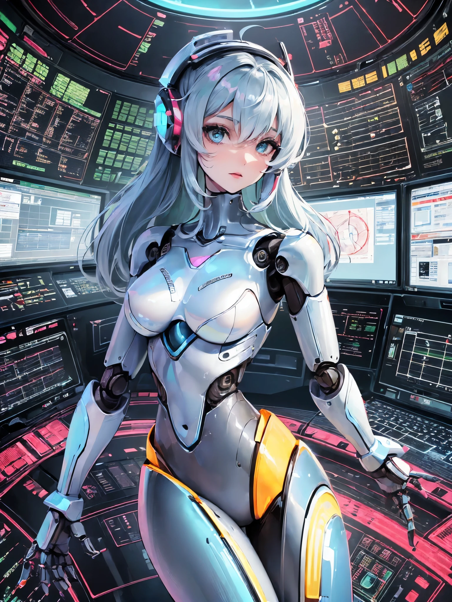 ((highest quality)),(ultra high resolution),(Super detailed),(detailed description),((best CG)),(best work of art),super precision art,great drawing art,(Sci-fi art with precise details:1.5), (1 woman:1.6),(beautiful and well-shaped face:1.5),smile:1.7,((A complex mechanical body with intricate details:1.5)),(Luminous body embedded in the body:1.7), (she is standing in the control room:1.8),(robot arms surrounding her:1.7)