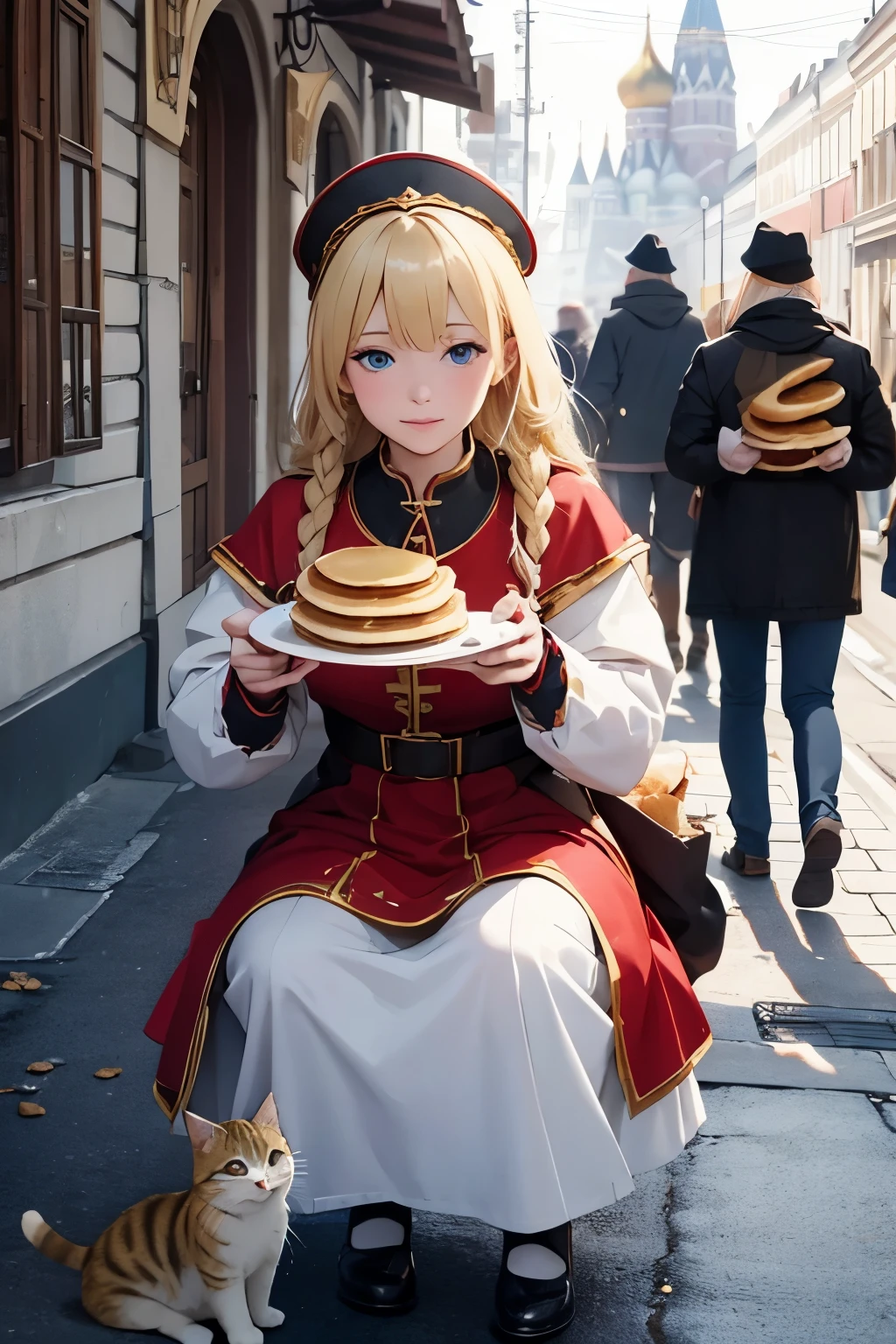 A blonde girl in a Russian national costume and a kokoshnik feeds a cat with pancakes, to the streets, 4k, ultra quality