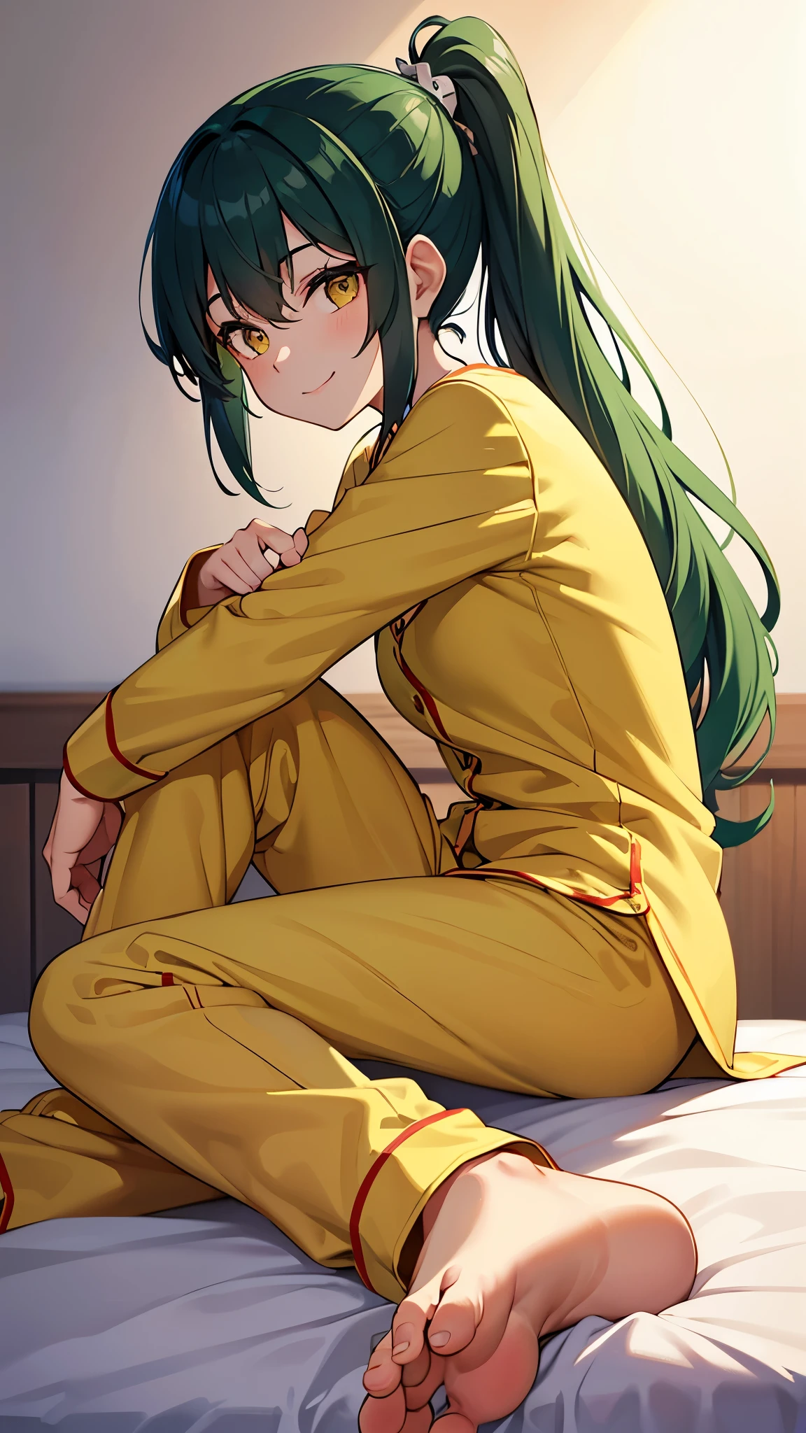 frontal:1.3 ((sit down on the bed, push the beautiful barefoot forward)), ((low-angle close-up immensely beautiful solo barefoot)), in the bedroom, ((minimalistic background)), break, (solo ponytail green hair long hair cute girl cute yellow eyes, 14 yo, happy smile, in a pajamas), break, masterpiece:1.3, best quarity, beautiful detailed grow.