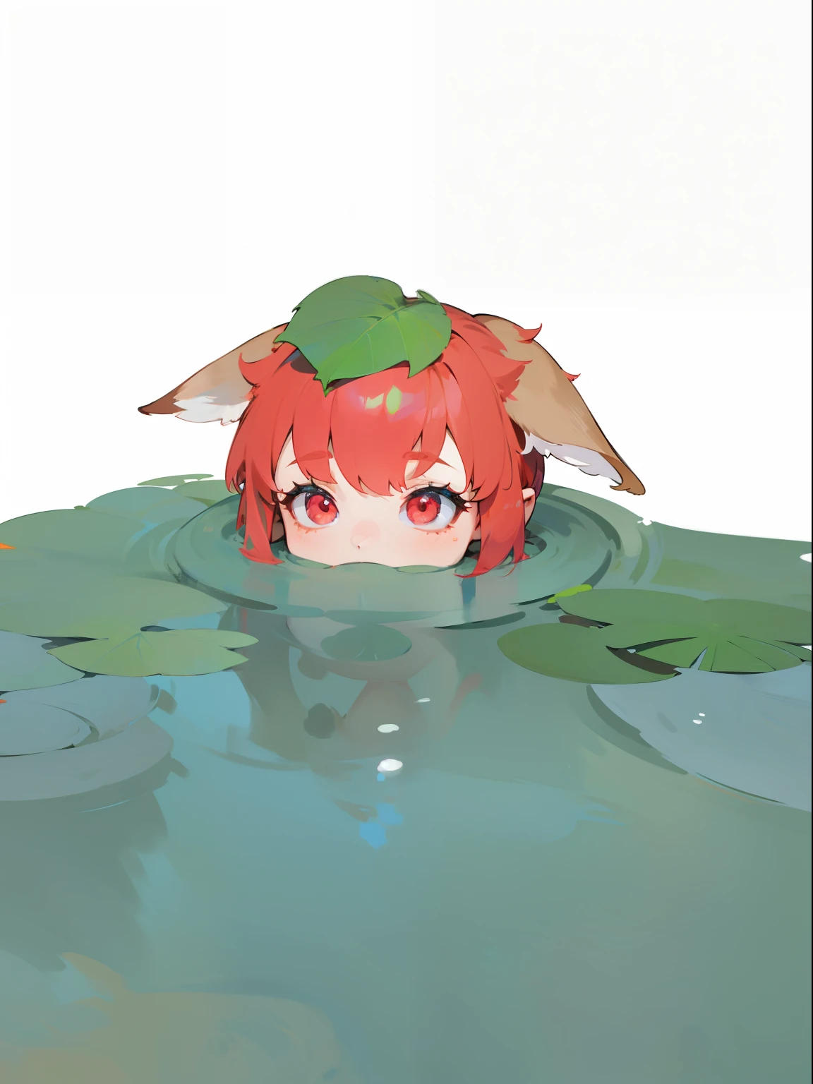 1 girl scarlet hair, scarlet eyes, curls hanging, short hair, Fennec breed, ears slightly curled up, tail, in water, there is a marsh leaf on the head, Water drains, Only the eyes are visible, In the woods, *paint the background