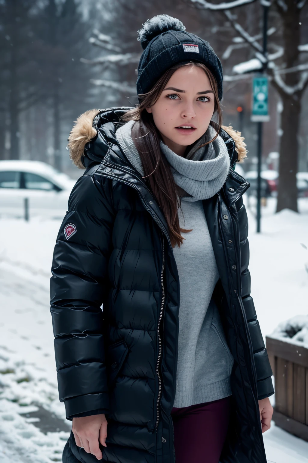An icy wind swept through the air, nipping at Sandra's exposed skin as she trudged determinedly toward the supermarket, her breath visible in the frigid air. The distance between her and her destination still seemed insurmountable. "Fuck, fuck, fuck," she thought to herself, her teeth clenched against the biting cold. Her red cheeks were flushed from the wind and her hastened pace. She pulled her coat tighter around her body, her hands jamming the pockets for warmth. Her eyes were fixed forward, unwilling to letting the chill overpower her. Despite the discomfort, she gritted her teeth and pushed onwards, her determination unwavering as