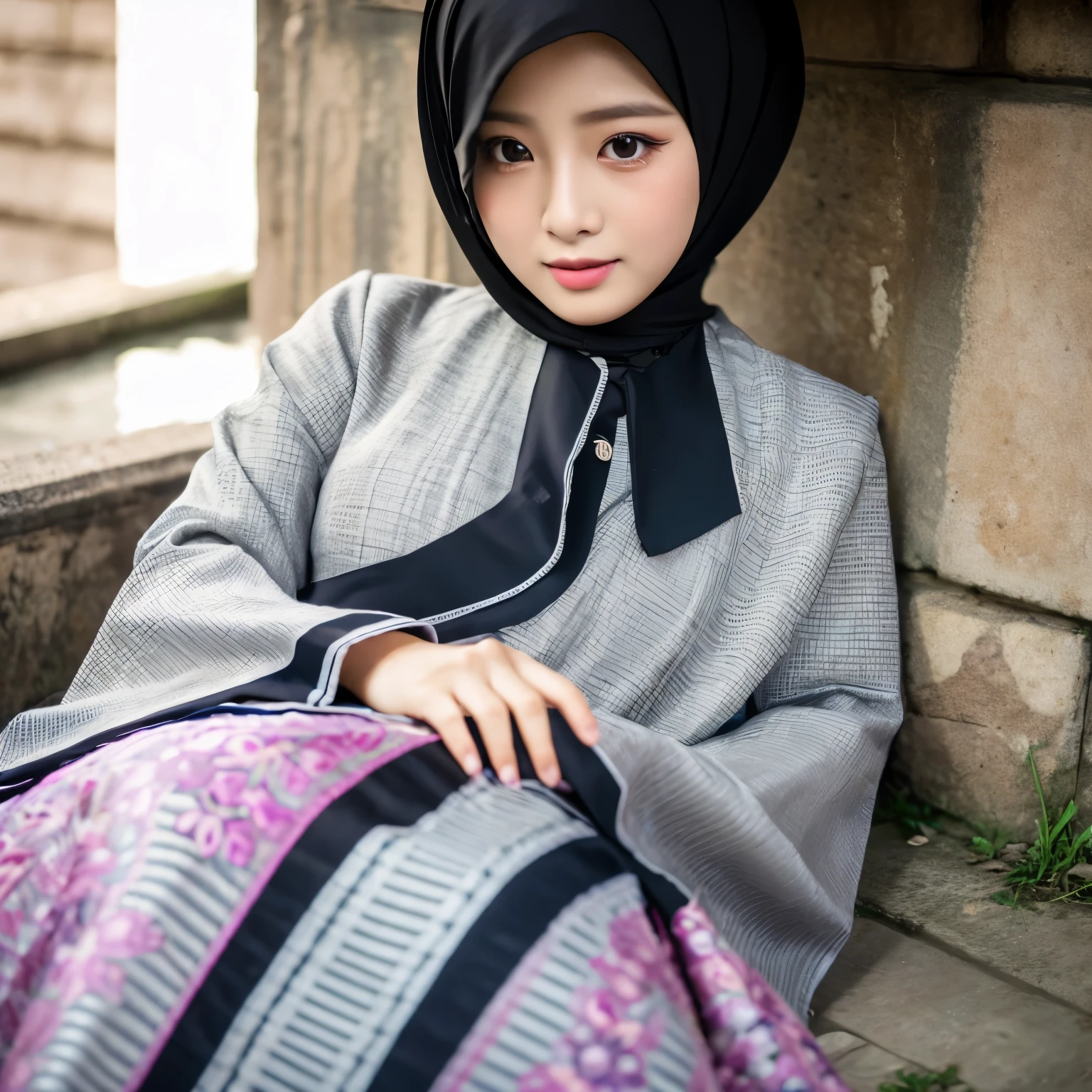 Seorang wanita usia 30an cantik, payudara besar. berhijab. Baju gamis. Sedang duduk membuka kakinya memperlihatkan psyudara dan vaginanya. Close up. Sangat detail, realistik. Resolusi ultra HD.