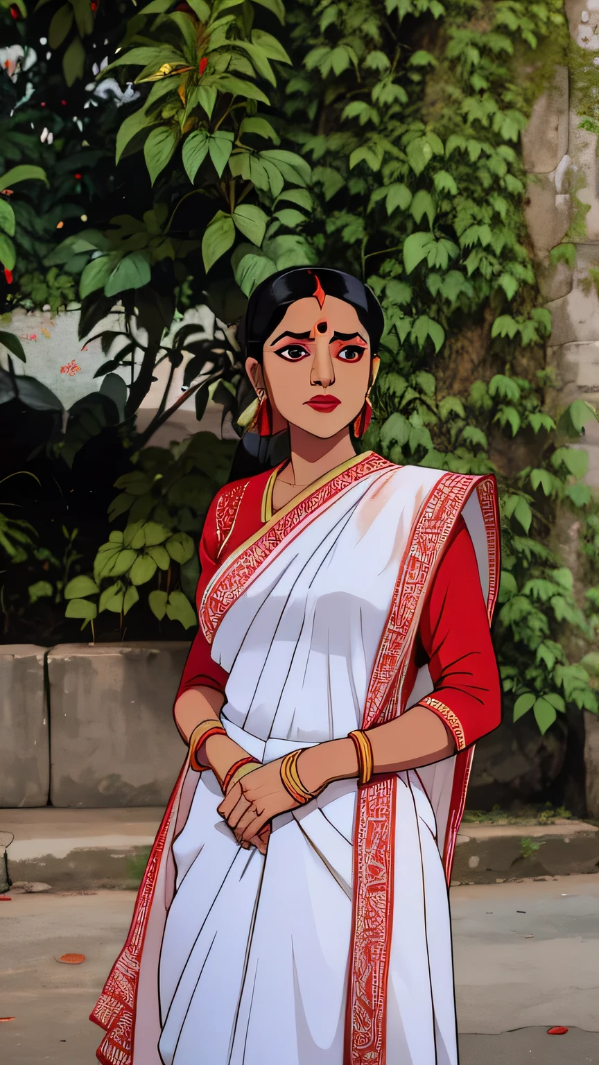 there is a woman standing in a white and red sari, wearing bihu dress mekhela sador, assamese aesthetic, assamese, wearing a sari, dressed in a sari, portait image, inspired by Sunil Das, wearing sari, traditional beauty, mid shot portrait, photo of a woman, looking from side, indian, candid picture