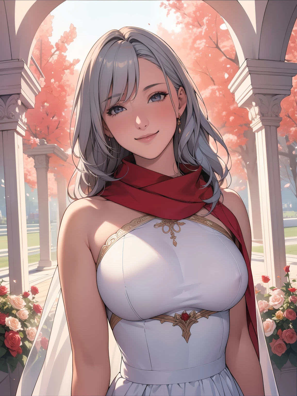 Vista, panorama, perspective, Depth of bounds written, bust, Upper body, cinematic angle, masterpiece, highest quality, Super detailed, cg, 8k wallpaper, beautiful face, delicate eyes, maiden, alone, smile, silver hair, golden eyes, Fair skin, hair, red scarf, white evening dress, rose畑, Red flower, rose, flower garden, petal, Flying petal, smile