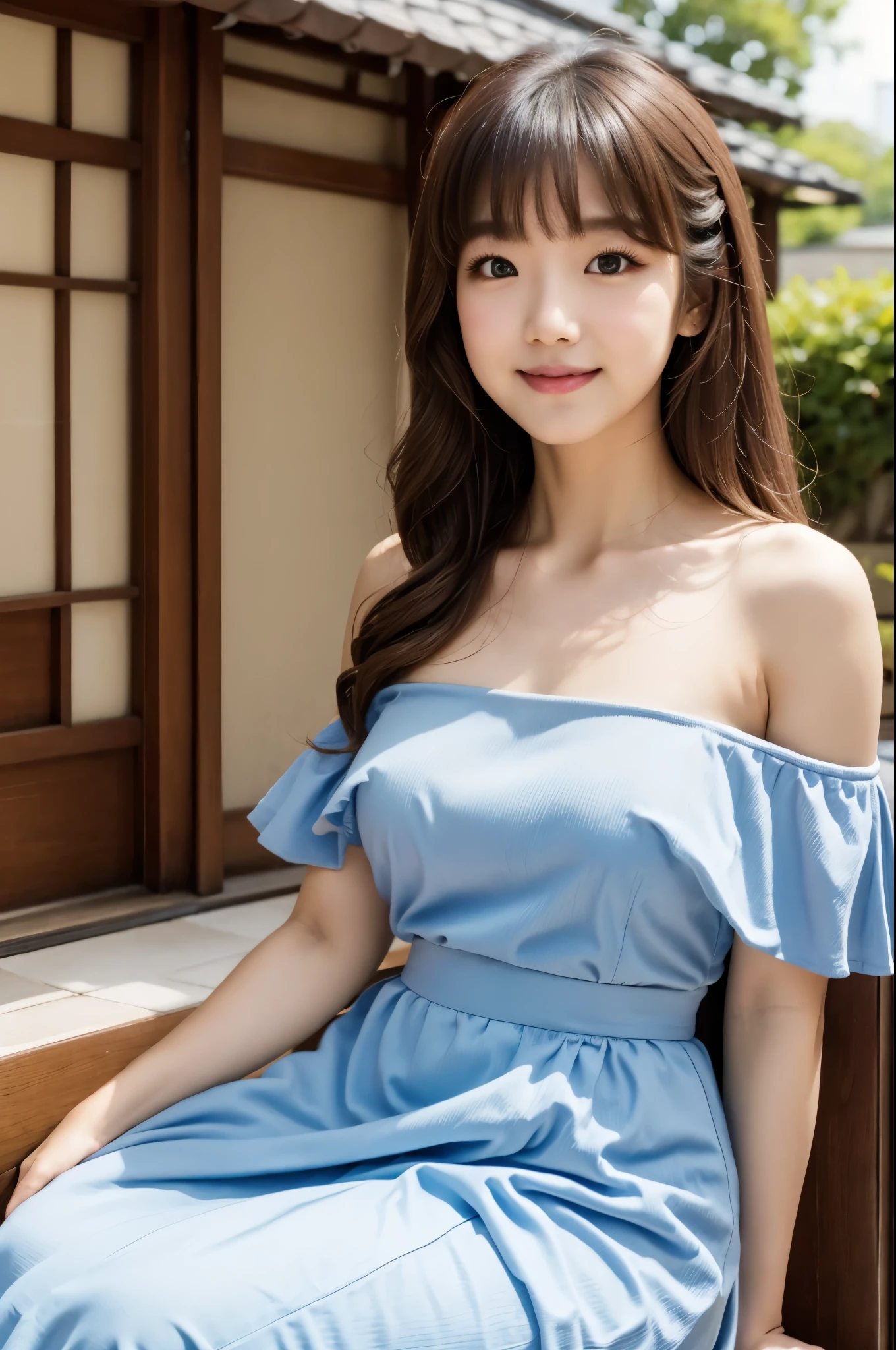 Female Japanese sitting on café terrace, Elegant, long curly hair, turn, off shoulders, large round eyes, Sunlight, with round face, With bangs, Brown eyes, narrow forehead, a baby face, Tear bag, smile, Large front teeth are slightly visible, long skirt,