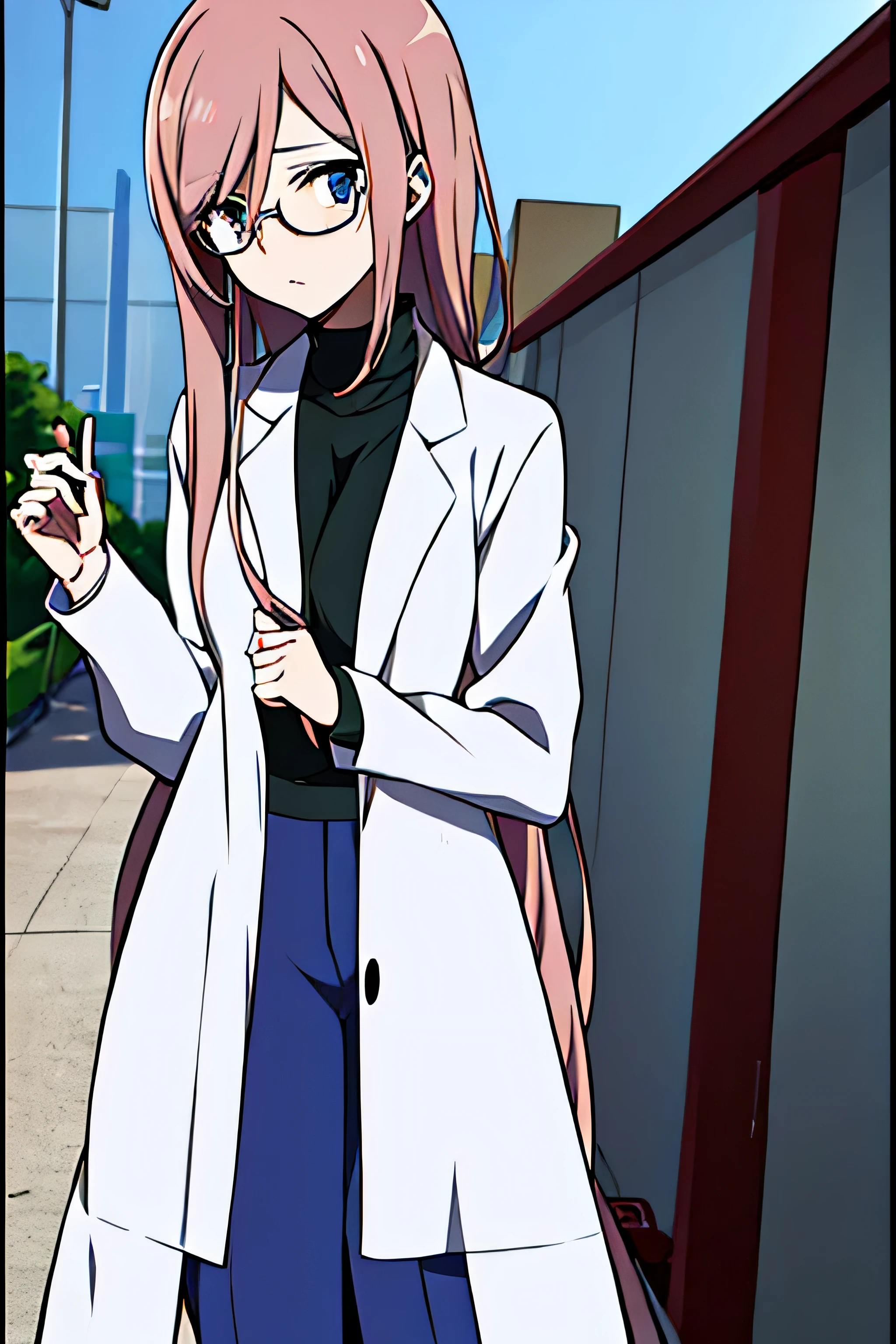 Anime, Female, Wearing a long labcoat, carrying scientific stuff, behind a laboratory, wearing glasses, high quality