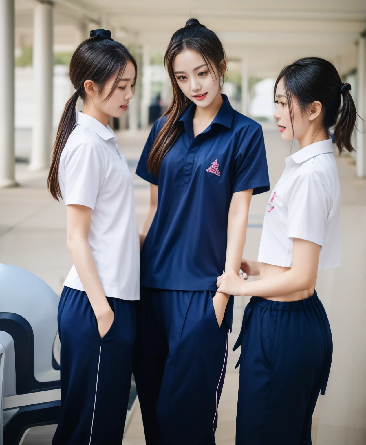 3 girls in fitness center, Navy blue short-sleeved shirt,Navy Long Trackpant,Sweatpants, Sweatpantsขายาว,25 year old girl, lesbian, sexy, exercise clothes, wet body, exercise clothes