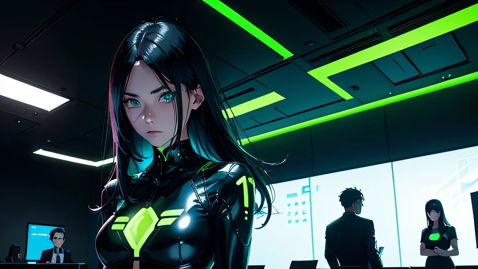 Editorial Style photo, Diagonal angle, 1woman, fit-muscled body, medium breast, bright yellow eyes，dark blue hair , blue eyes, With round lenses, The audience watched carefully, (s face: 1.2), Perfect female figure, ((standing)), ((neon green Tight crop top neon green leather suit), face close up, ((Bonifasko lighting)), (The round lenses on his eyes)(詳細な目), Perfect student, face close up, Cyberpunk, Executive office suite, Futuristic executive desk and viewscreens, Polished black surfaces and minimalist design elements, Corporate logos and high-end finishes, Monochrome with accent lighting in corporate colors , OmniCorp International Ltd., Sophisticated ambient office lighting scheme , Megacity high-rise corporate headquarters , After hours , Sleek and authoritative , Neo-futurist architecture —ar 16:9 —s 500