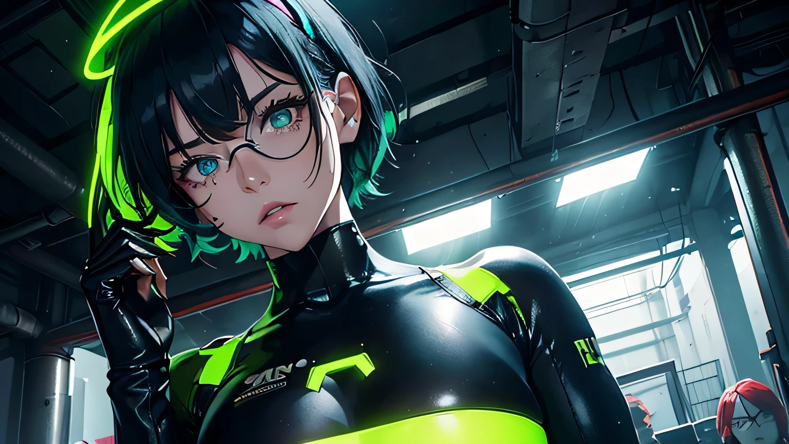 Editorial Style photo, Overhead angle, 1woman, fit-muscled body, medium breast, bright yellow eyes,dark blue hair , blue eyes, With round lenses, The audience watched carefully, (s face: 1.2), Perfect female figure, ((standing)), ((neon green Tight crop top neon green leather suit), face close up, ((Bonifasko lighting)), (The round lenses on his eyes)(詳細な目), Perfect student, face close up,Cyberpunk, Maintenance area, Robot assembly line, Oil-stained metal and grime-covered surfaces, Mechanical joints and robotic arms, Industrial red and hazard yellow tones, Automaton Dynamics Ltd., Flickering fluorescent tube lighting, Industrial sector workshop floor, Early morning hours, Gritty and functionalist, Industrial architecture —ar 16:9 —s 500