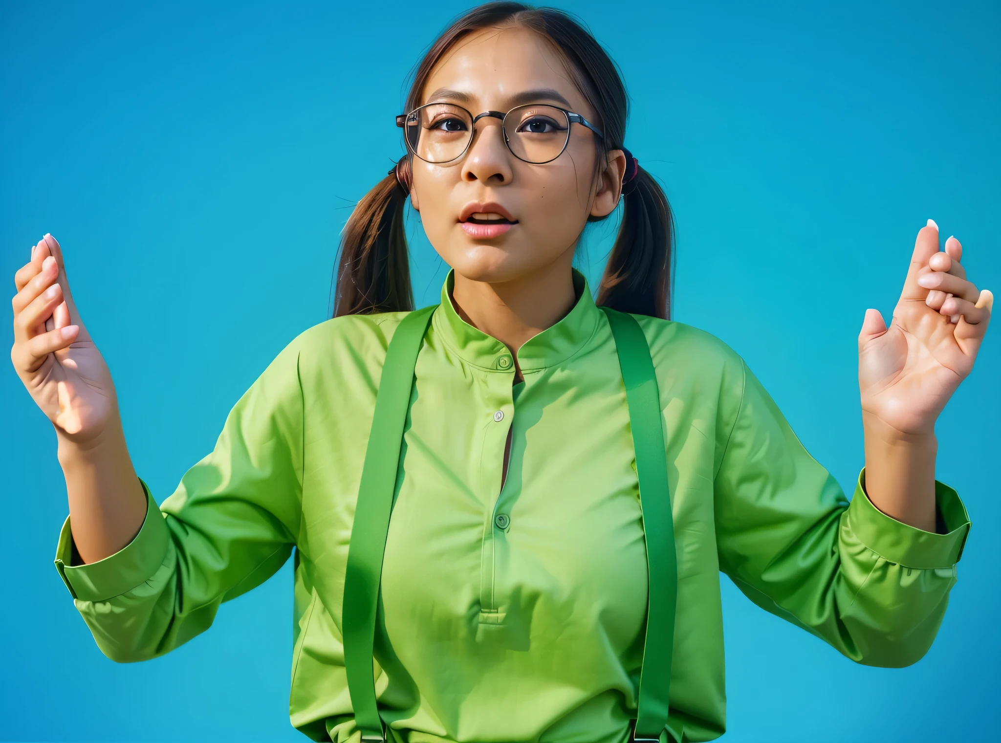 A asian girl with two pigtails, wearing a green shirt and suspenders, looks scared with her hands up. Satin skin with natural texture, ultra realistic hyper realistic body skin texture ultra realistic a girl with long brown ponytails, black round glasses, wearing a bright shirt and glasses, stretches out her hands. She has a frightened expression on her face, perfect smooth skin. with long brown hair and glasses, smoot, multiple light sources, rim light, sharp post effects render, perfect cgi, anthropomorphic cat, digital art, detailed digital art, reflective, best quality, 4k, masterpiece:1.2, ultra-detailed, realistic, vivid colors, dark and moody lighting, The image of the highest quality, ensuring every detail showcased perfectly. It in 4k resolution, allowing viewers to immerse themselves in the richness of the colors and intricate details. The realistic rendering. under the spotlight, reflecting, high-resolution image, realistic rendering, dark background, and rim light