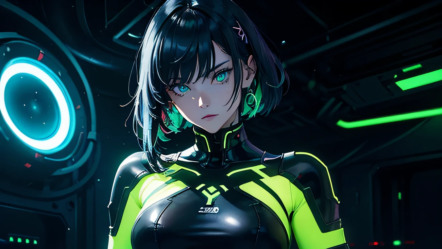 Editorial Style photo, Tilted angle, 1woman, fit-muscled body, medium breast, bright yellow eyes,dark blue hair , blue eyes, With round lenses, The audience watched carefully, (s face: 1.2), Perfect female figure, ((standing)), ((neon green Tight crop top neon green leather suit), face close up, ((Bonifasko lighting)), (The round lenses on his eyes)(詳細な目), Perfect student, face close up, Cyberpunk, Underground facility, Glowing energy cores and conduits, Dark metallic surfaces and pulsing energy fields, Cryptic symbols and glyphs, Energetech Corporation Ltd., Eerie pulsating lighting effects, Subterranean power station complex, Predawn hours, Mysterious and otherworldly, Subterranean architecture —ar 16:9 —s 500