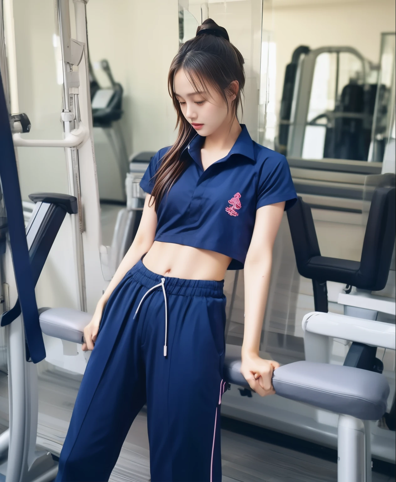 3 girls in fitness center, Navy blue short-sleeved shirt,Navy Long Trackpant,Sweatpants, Sweatpantsขายาว,25 year old girl, lesbian, sexy, exercise clothes, wet body, exercise clothes