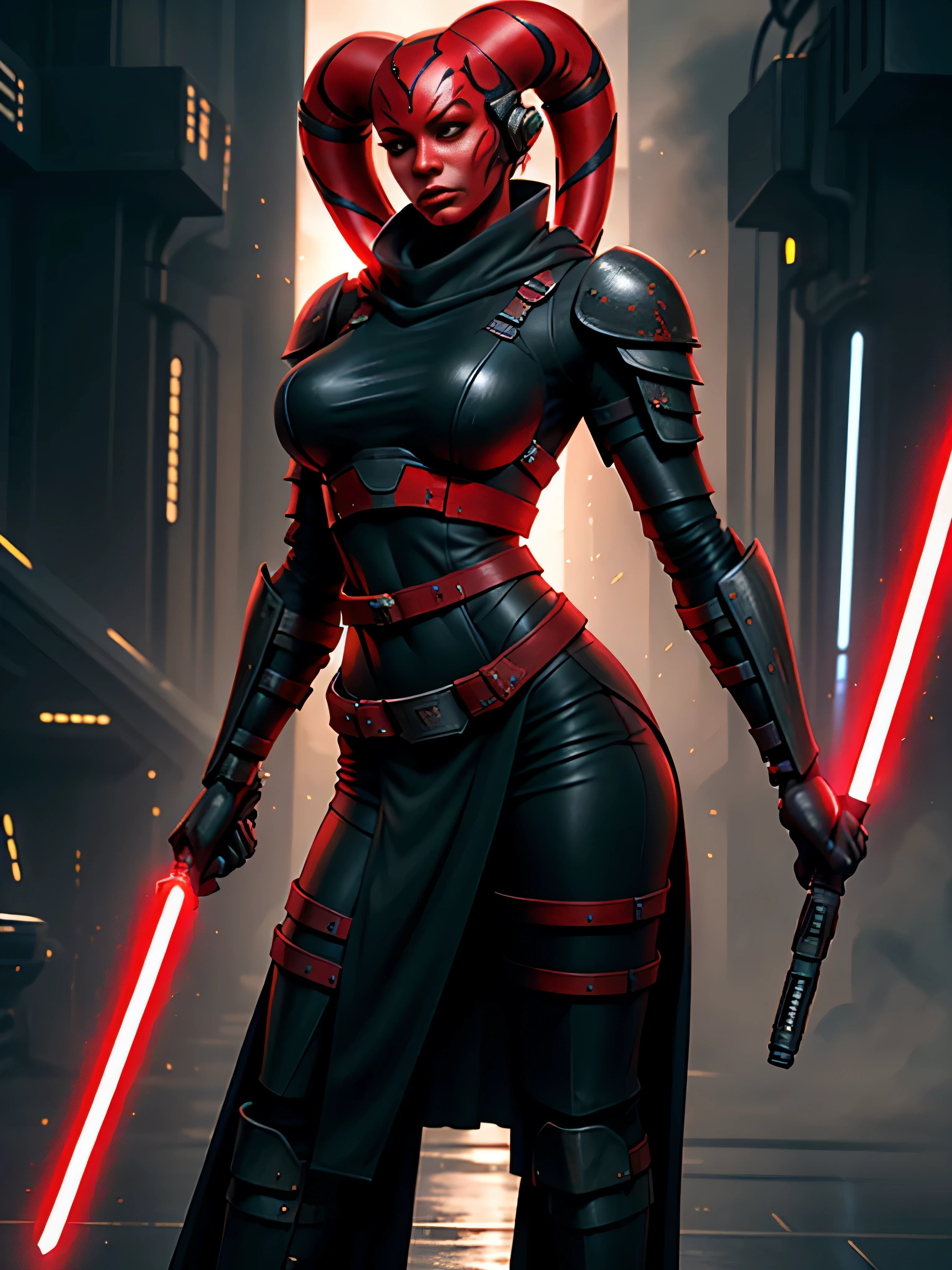 ((armor)), busty, ((red skin), twi'lek), dual red lightsabers, evil space knight, space ninja, (wearing heavy black armor, robes, black stealth armor, breastplate, tunic, tabard, cowl, cloak, body glove, straps, buckles, skirts, long sleeves, fantasy, ((armor))), ((busty), slender body, thin, slim sexy body, slim waist, ((gigantic breasts))), Imperial starship, Star Wars,