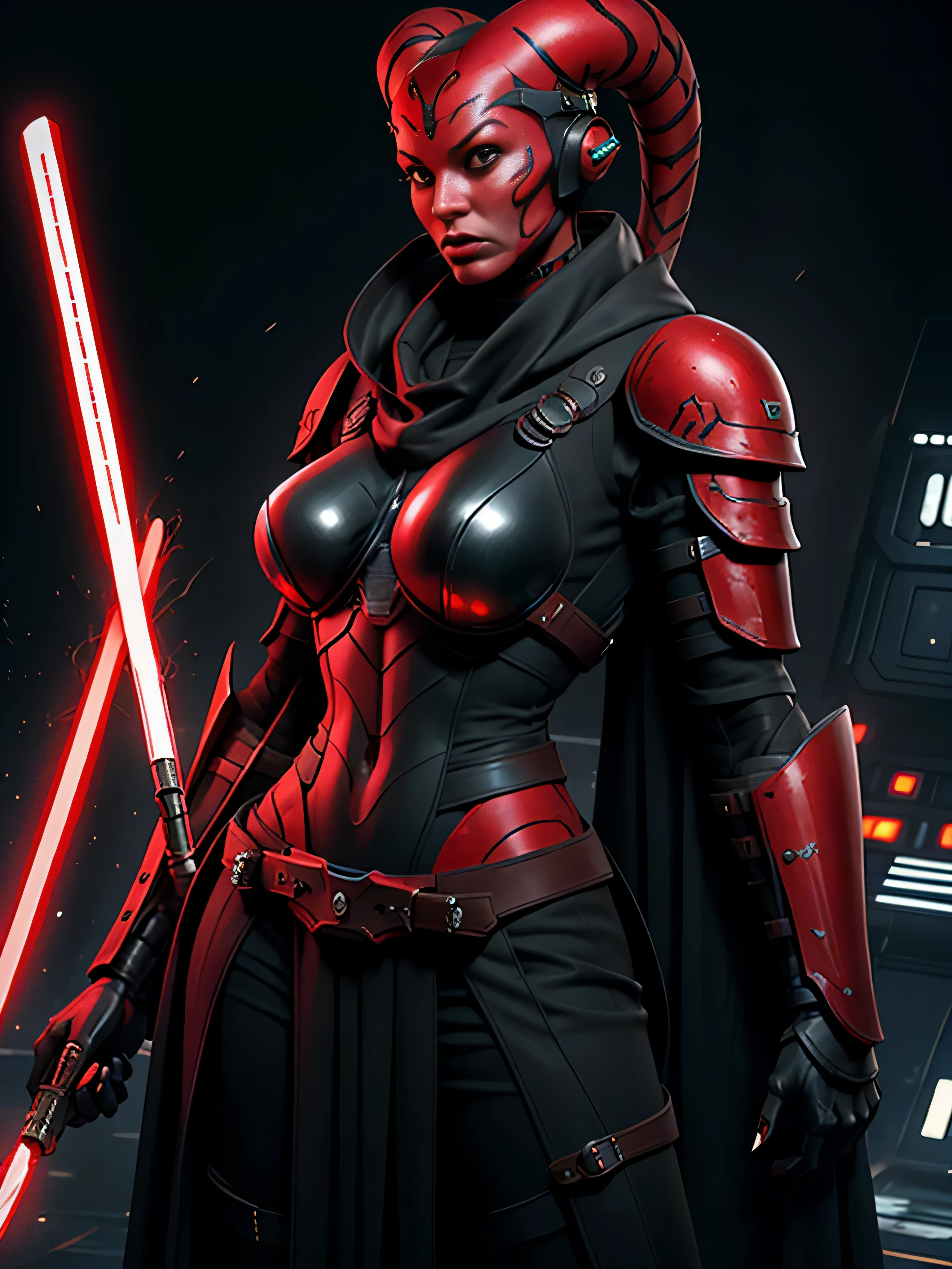 ((armor)), busty, ((red skin), twi'lek), dual red lightsabers, evil space knight, space ninja, (wearing heavy black armor, robes, black stealth armor, breastplate, tunic, tabard, cowl, cloak, body glove, straps, buckles, skirts, long sleeves, fantasy, ((armor))), ((busty), slender body, thin, slim sexy body, slim waist, ((gigantic breasts))), Imperial starship, Star Wars,