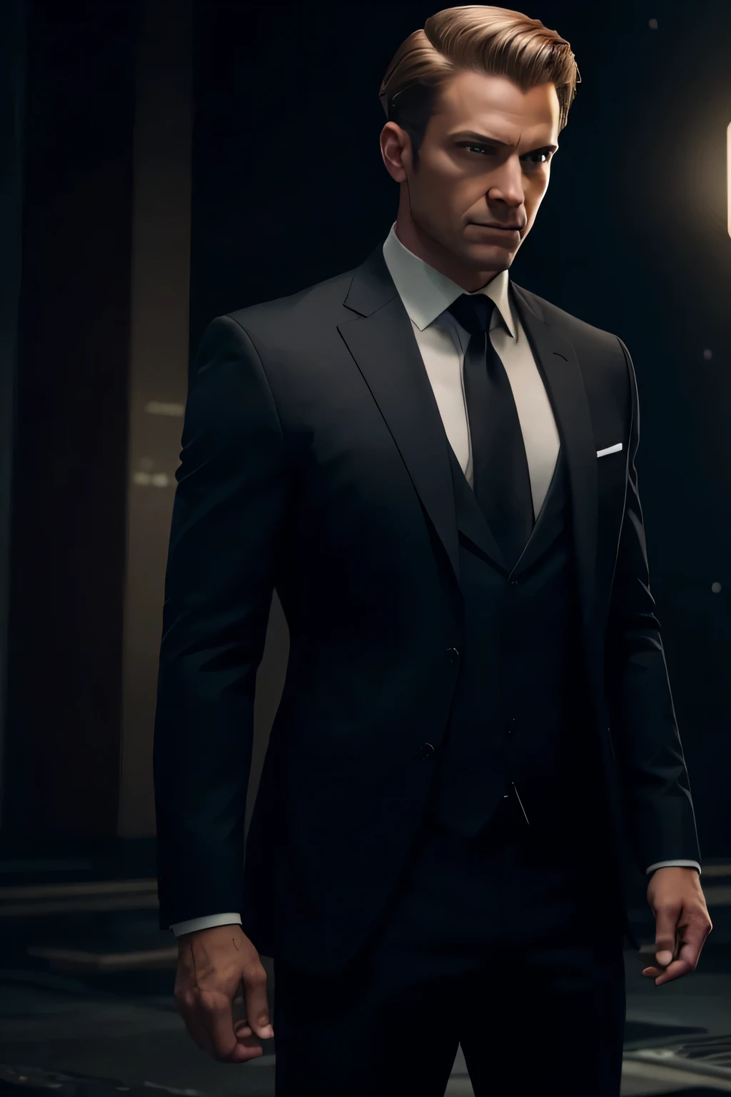 a boss looking very serious, very professional, alfa male, he is wearing a business suit. he has brown/blonde short hair styled to the back. frontal picture, villain arc. he is standing in a dark environment