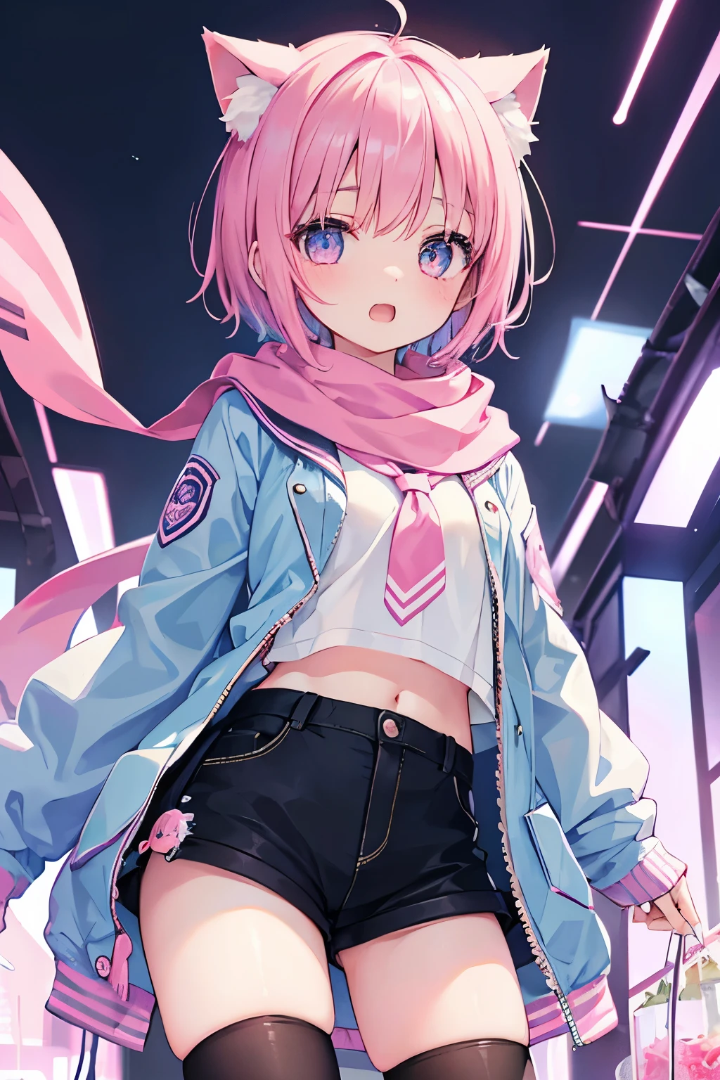 Very beautiful and shining eyes、shining eyes、1 girl、small breasts、big mouth、high school girl、small breasts、Cat ear、Transparent pink short hair、scarf、hot pants、transparent clothes、childish clothes、7 year old girl