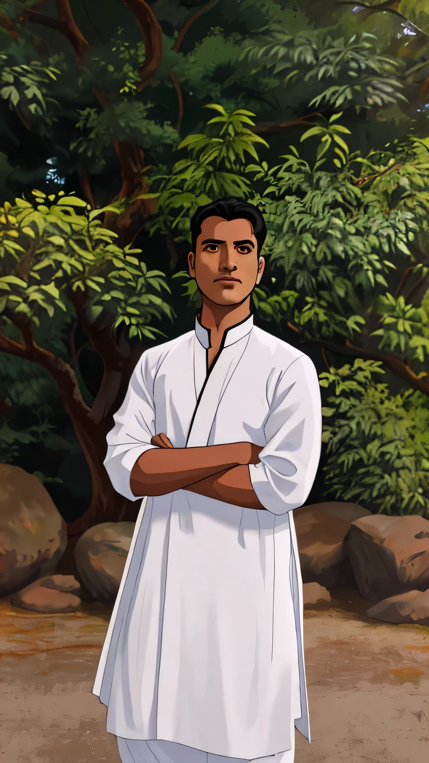 there is a man standing in front of a tree with his arms crossed, wearing a kurta, wearing a silk kurta, inspired by Sunil Das, inspired by Bikash Bhattacharjee, portait image, around 1 9 years old, mid shot portrait, very very low quality picture, assamese aesthetic, cinematic full shot, full body photogenic shot