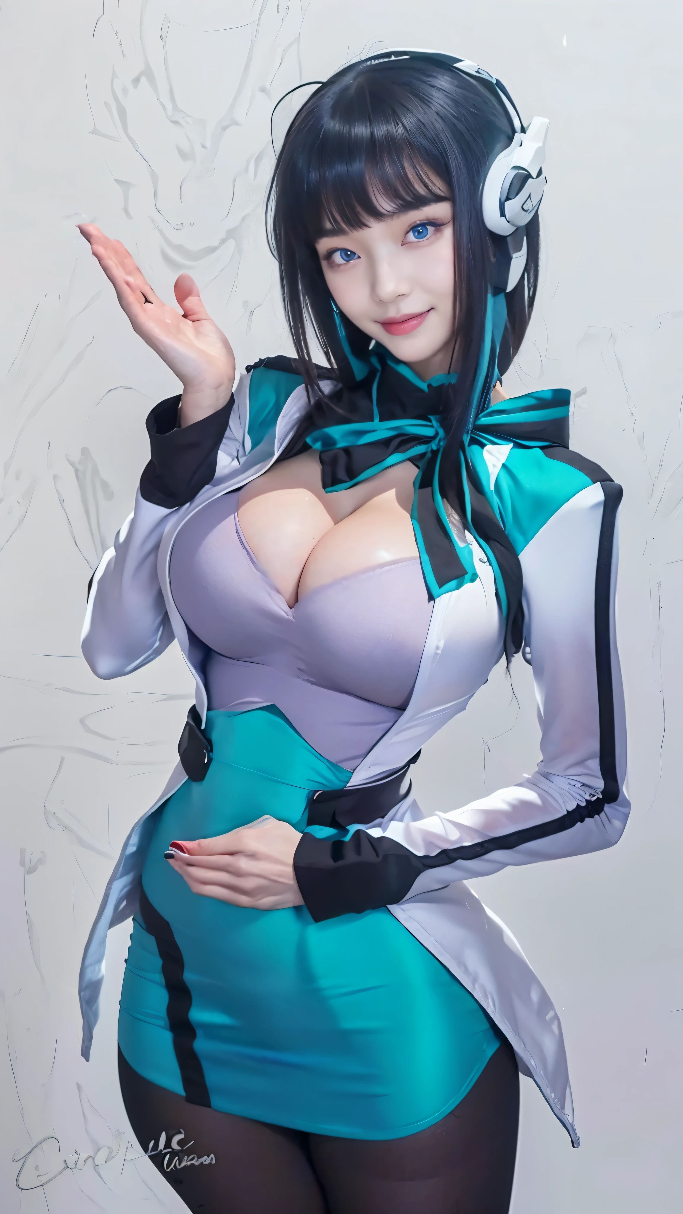 Delicate, Masterpiece, Beautiful Detail, Colorful, Fine Detail, Detail, Detail, Big Breasts, 1 Woman, (20 Year Old Beautiful Korean Woman: 1.1), (KPOP Idol, Korean Mix), (50mm Sigma f/1.4 ZEISS Lens, F1.4, 1/800s, ISO 100, Photo: 1.1), (black hair: 1.2), Realistic: 1.4), (Spy: 1.2), (white open jacket, shirt, skirt, tie, green pantyhose, Christian Louboutin \ (brand\): 1.3), armlets, (tavern: 1.2), (beautiful legs, tall woman, skinny, slim legs, thigh gap, model: 1.2), lens flare, happy smile from the front: 1.1), Dynamic pose, (make: 1.2), standing, Nogizaka idol, Korean idol, actress, gravure idol, android, red lips, smile, headset, black stokings , ((big tits, blue eyes:1.4))