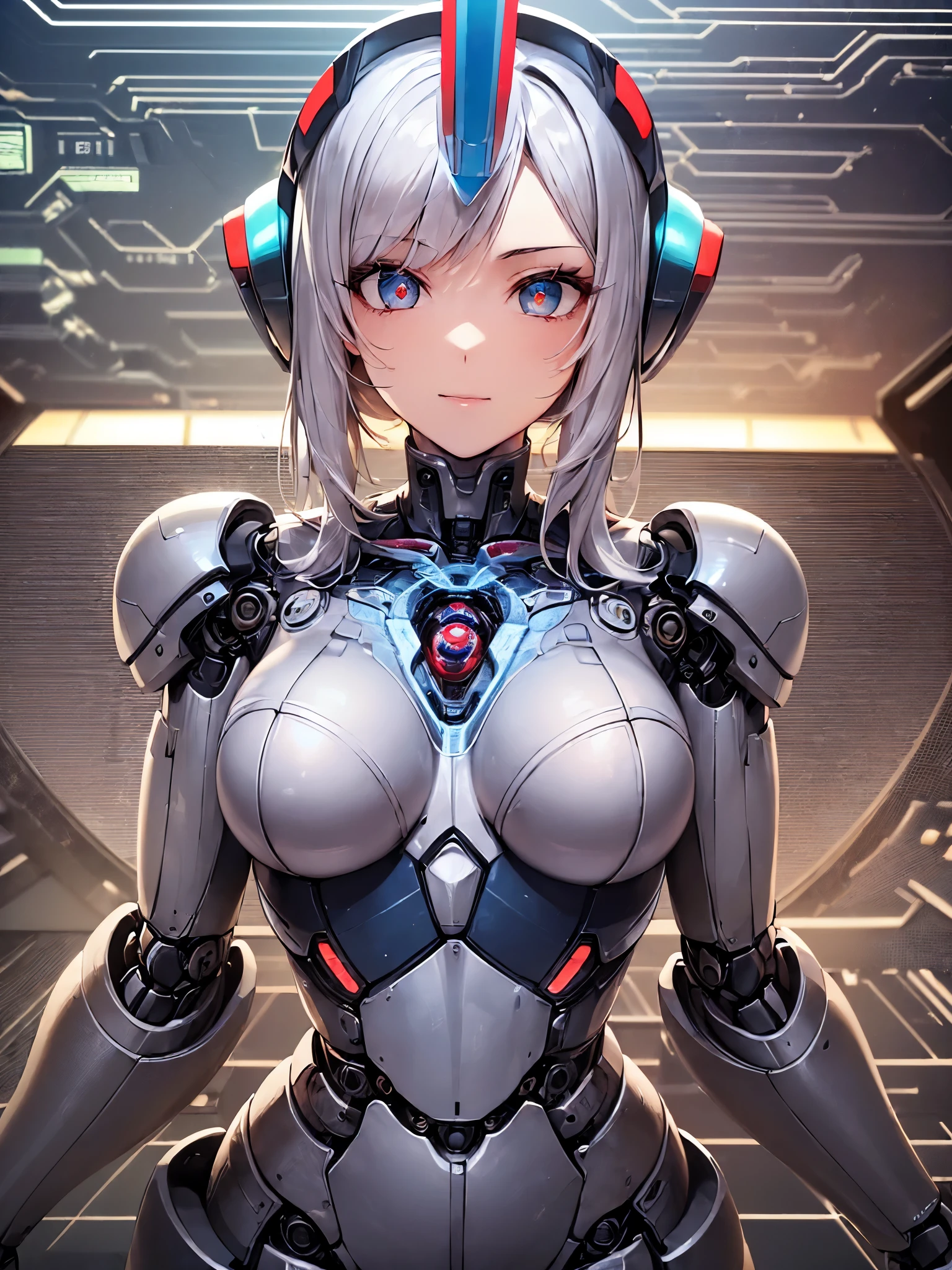 ((highest quality)),(ultra high resolution),(Super detailed),(detailed description),((best CG)),(best work of art),super precision art,great drawing art,(Sci-fi art with precise details:1.5), (1 woman:1.6),(beautiful and well-shaped face:1.5),smile:1.7,((A complex mechanical body with intricate details:1.5)),(Luminous body embedded in the body:1.7), (she is standing in the control room:1.8),(robot arms surrounding her:1.7)