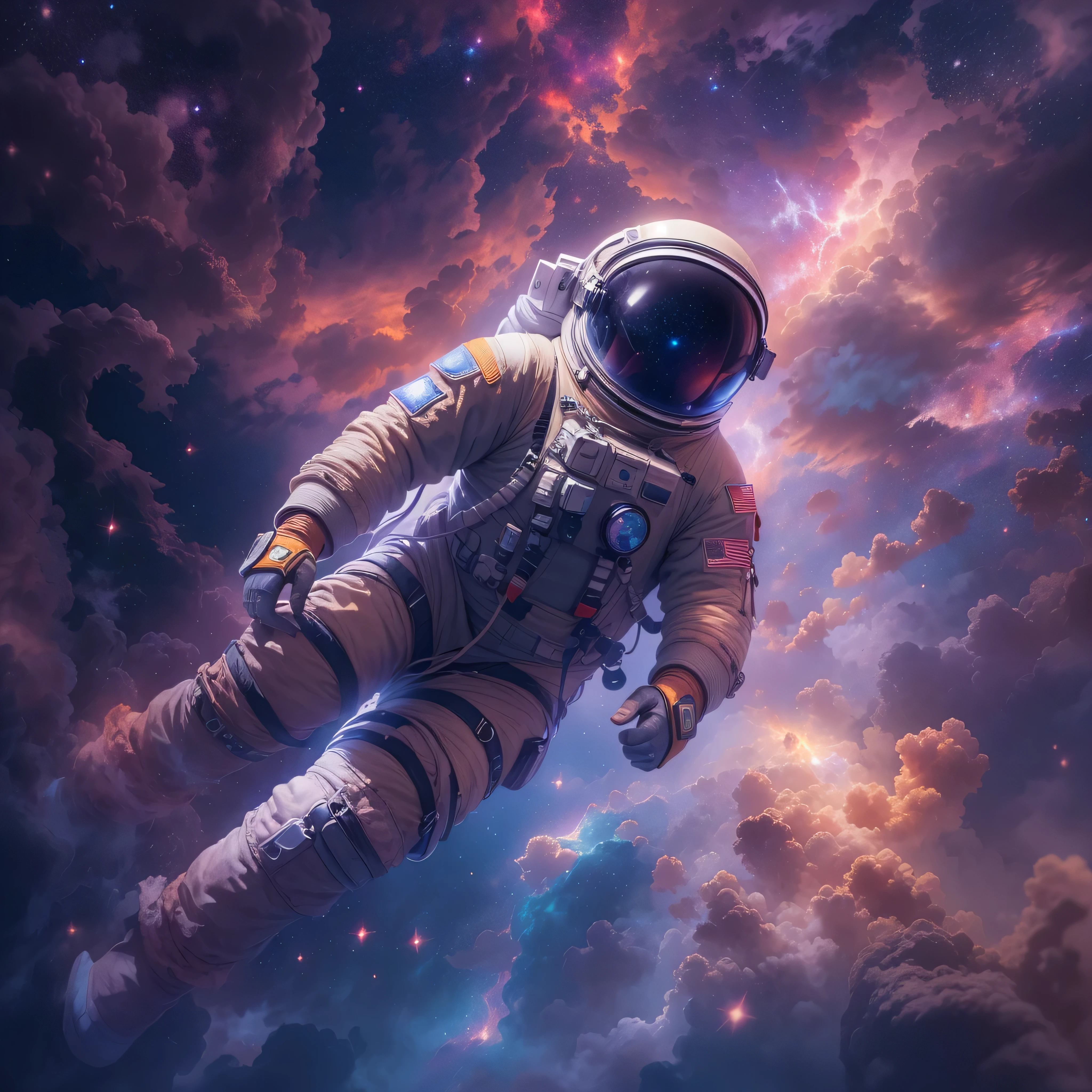 An astronaut swimming through a nebula in space + space, astronaut, dreamlike, symbolism, surrealism, symbol, surreal, abstract, texture, concept art, 8k, shadowed, lightrays, atmospheric
