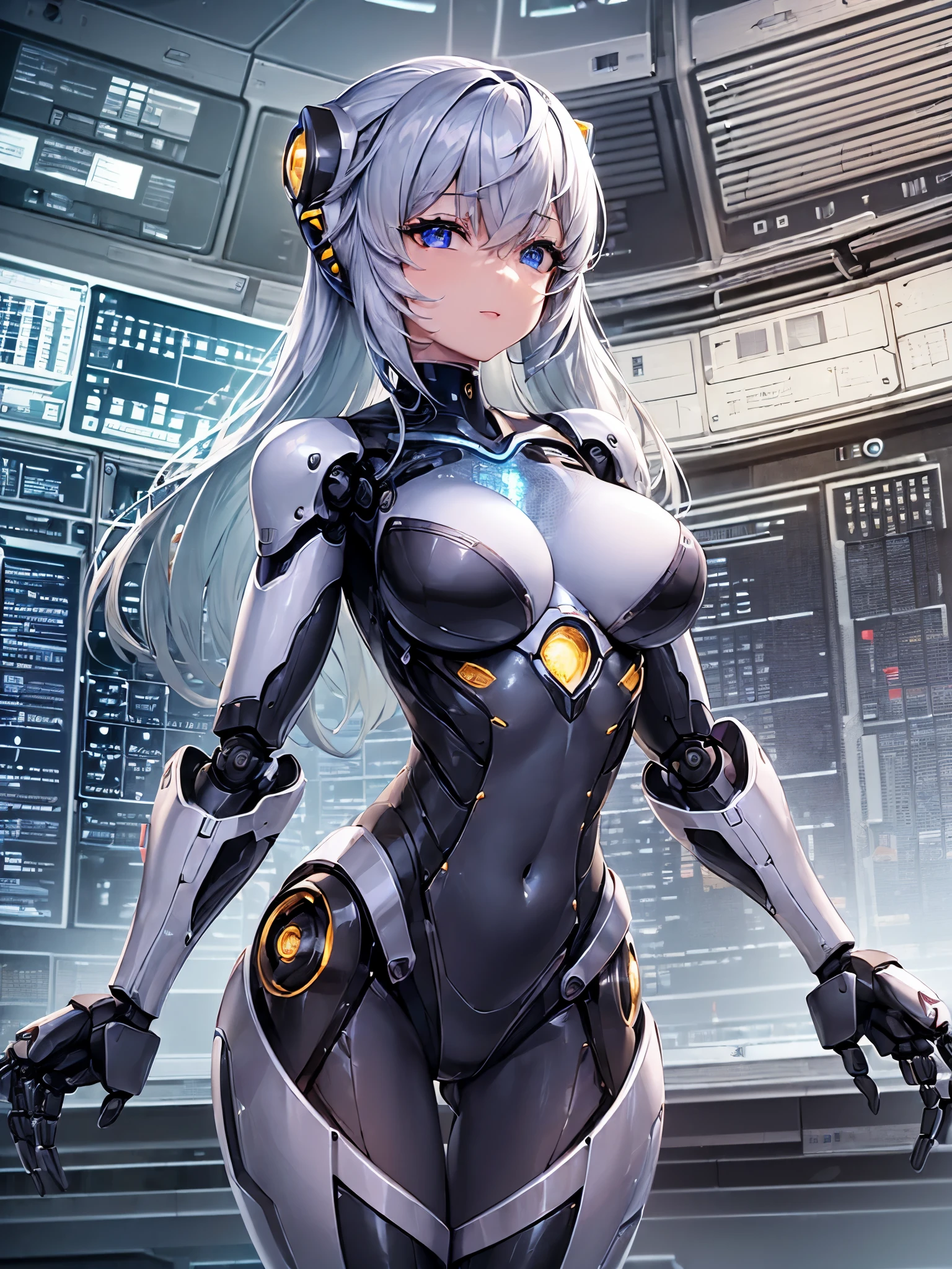 ((highest quality)),(ultra high resolution),(Super detailed),(detailed description),((best CG)),(best work of art),super precision art,great drawing art,(Sci-fi art with precise details:1.5), (1 woman:1.6),(beautiful and well-shaped face:1.5),smile:1.7,((A complex mechanical body with intricate details:1.5)),(Luminous body embedded in the body:1.7), (she is standing in the control room:1.8),(robot arms surrounding her:1.7)