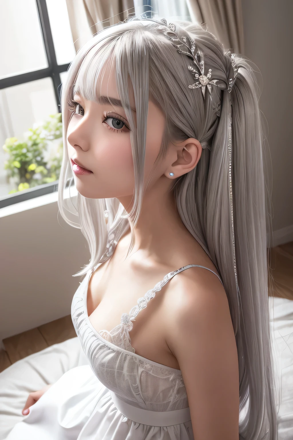 In maid clothes 、hair ornaments、whole body、Image seen from below、one beautiful maid、(((silver hair)))、indoor