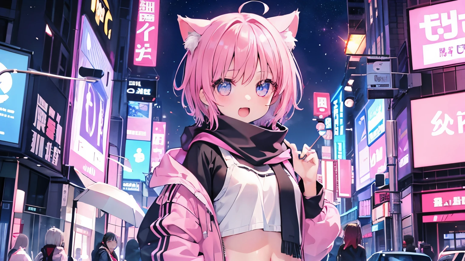 Very beautiful and shining eyes、shining eyes、1 girl、small breasts、big mouth、high school girl、small breasts、Cat ear、Transparent pink short hair、scarf、oversize jacket、hot pants、Near the future、neon
