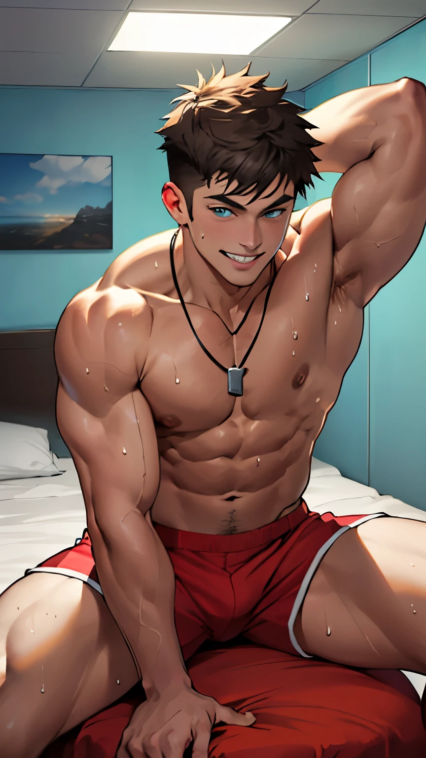 Masterpiece, only, perfect eyes, short hair hair, The body has moderate muscle., , Cool pose, handsome, shirtless, good-looking, ((best quality)), ((Masterpiece)), (detailsed), perfect face, man,ร่างกายของman,muscle,strong,shirtless ,slightly above,10,more_details,best quality,Sharp focus,Masterpiecedetails eyes,extreme details,super details,bright colors,movies,High quality,10,white skin,handsome ,fit,Abs,muscleหน้าท้องที่เป็นลอน,Big muscle, Pose,HD nipples, beautiful eyes,short hair hair,perfect body,healthy body ,strong arms ,healthy body,strong legs,Strong breasts,คนwhite skin, white skin,awesome Pose ,The man is cute,V shape,perfect body,red shorts , lay down on the bed, spread your legs,close to the body,Sweating,bedroom ,sexy face,sexy Pose,The room is bright. ,strong legs ,on the bed,sexy view, Calvin Klein underwear ,showing muscle ,colorful room,daytime ,The man is cute..,hairstyle ,Male characters ,happy face,fancy light ,dark room ,big body muscle,smile,blue eyes,white teeth,Red Briefs,Smiling, seeing teeth.,room decoration lights,cool necklace