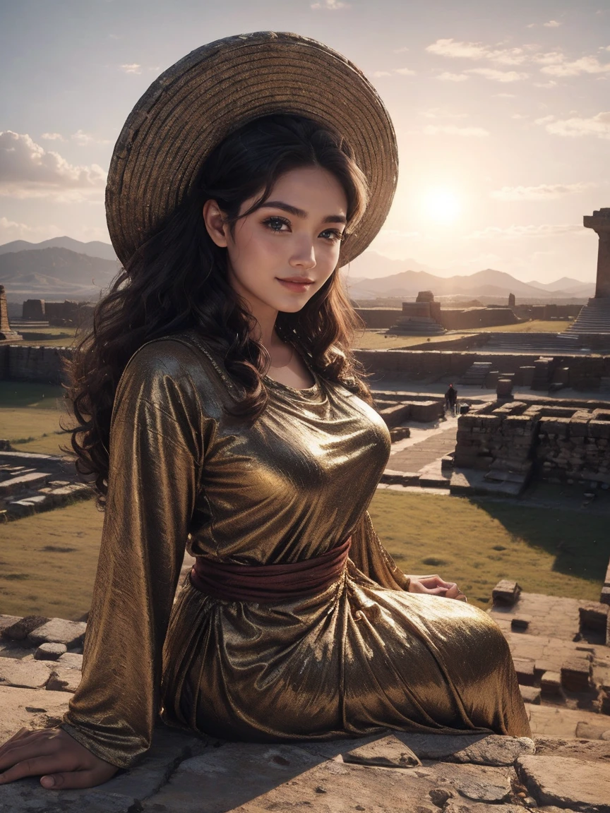 highest quality、masterpiece、ultra high resolution、(realistic:1.4)、Beautiful woman、Take a full body photo、beautiful eyes and skin details、smile、curly hair、ancient ruins、glowing pyramid、Shining moai、Clothing unlike any civilization、megalithic culture、Have fruits