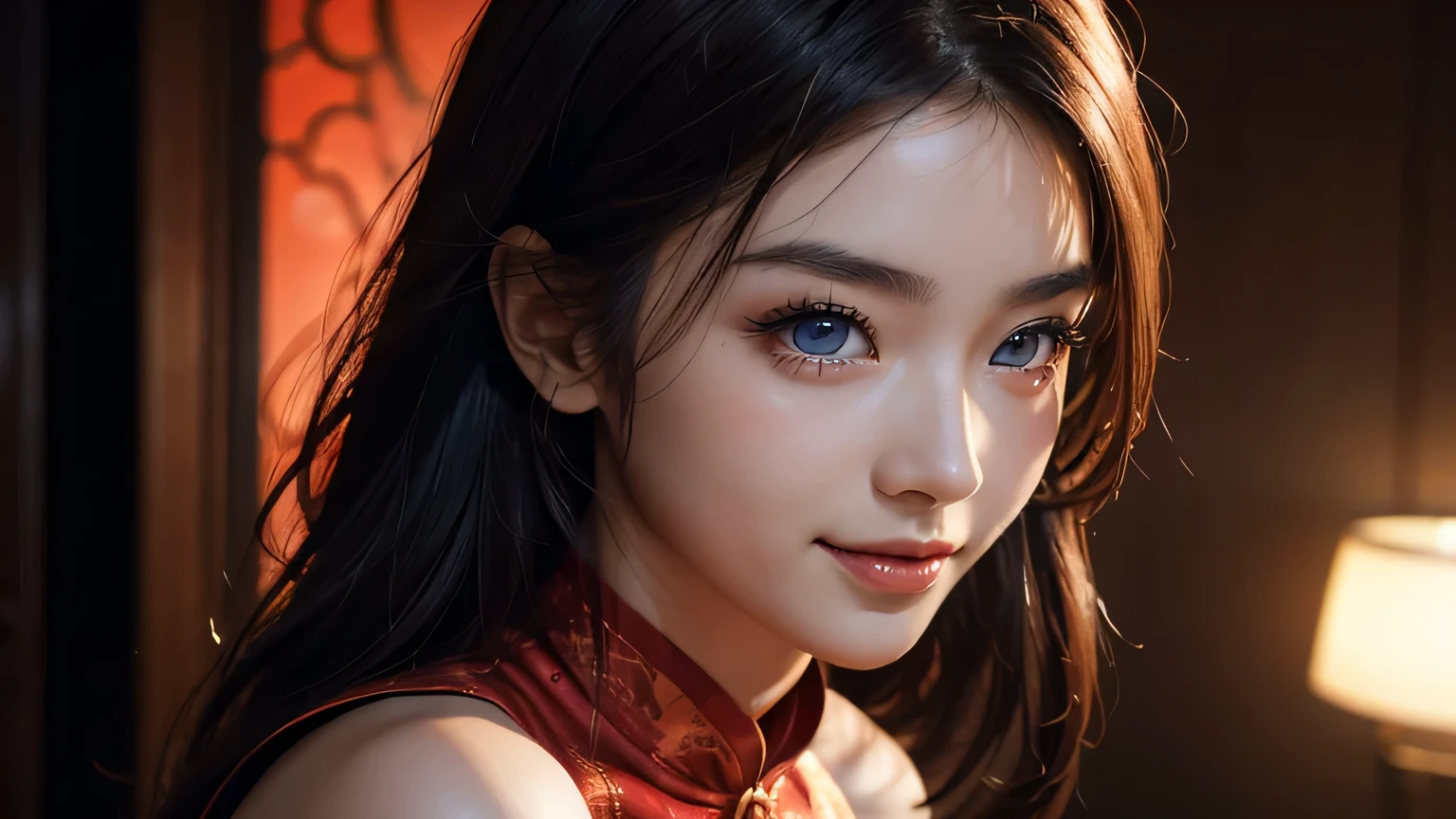 4K, A high resolution, Best quality at best, masterpiece, perfect colors, perfect shadow, perfect litthing, ((sportrait)), 1woman, fit-muscled body, bright yellow eyes,dark blue hair , blue eyes, With round lenses, The audience watched carefully, (s face: 1.2), Perfect female figure, ((standing)), ( beautiful red chinese qipao dress-clad woman stands in the half-light, her cleavage accentuated by the sharp focus of the camera. The modern red chinese qipao dress, adorned with intricate patterns), ((smile shy and looking at viewert)), (Perfect thick white eyebrows) Delicate fur, 详细s face, s the perfect face, chinese cyber punk city, cyber punk lighting atmosphere, ((Bonifasko lighting)), (The round lenses on his eyes)(詳細な目), Perfect student, face close up, small breast. face close up