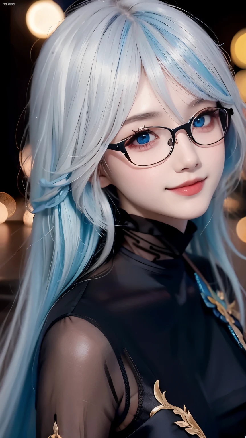 One wearing a black silk dress、Close-up of woman wearing black headband, guweiz style artwork, IG model | artistic germ, extremely detailed artistic germ, surreal anime, Soft portrait shots 8K, artistic germ. anime illustration, Bowater&#39;s art style, Blue-haired princess, 8k artistic germ bokeh，blue hair，semi long hair，blue eyes，Beautiful glasses，wear glasses（focus），huge ，bright smile