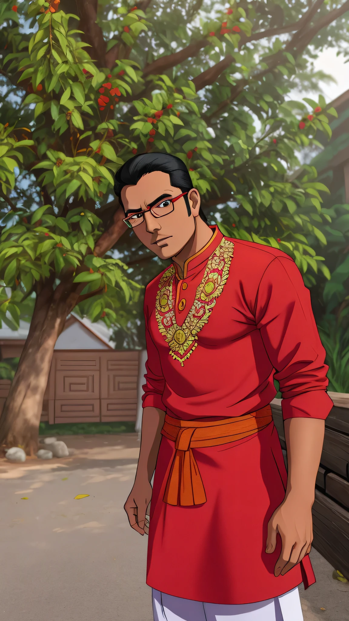 arafed man in a red shirt standing in front of a tree, wearing bihu dress mekhela sador, wearing a kurta, vinayak, assamese aesthetic, wearing a silk kurta, mid shot portrait, taken with sony alpha 9, jayison devadas, jayison devadas style, inspired by Bikash Bhattacharjee, wearing glasses, simple looks, bengali guy, Indian, serious expression