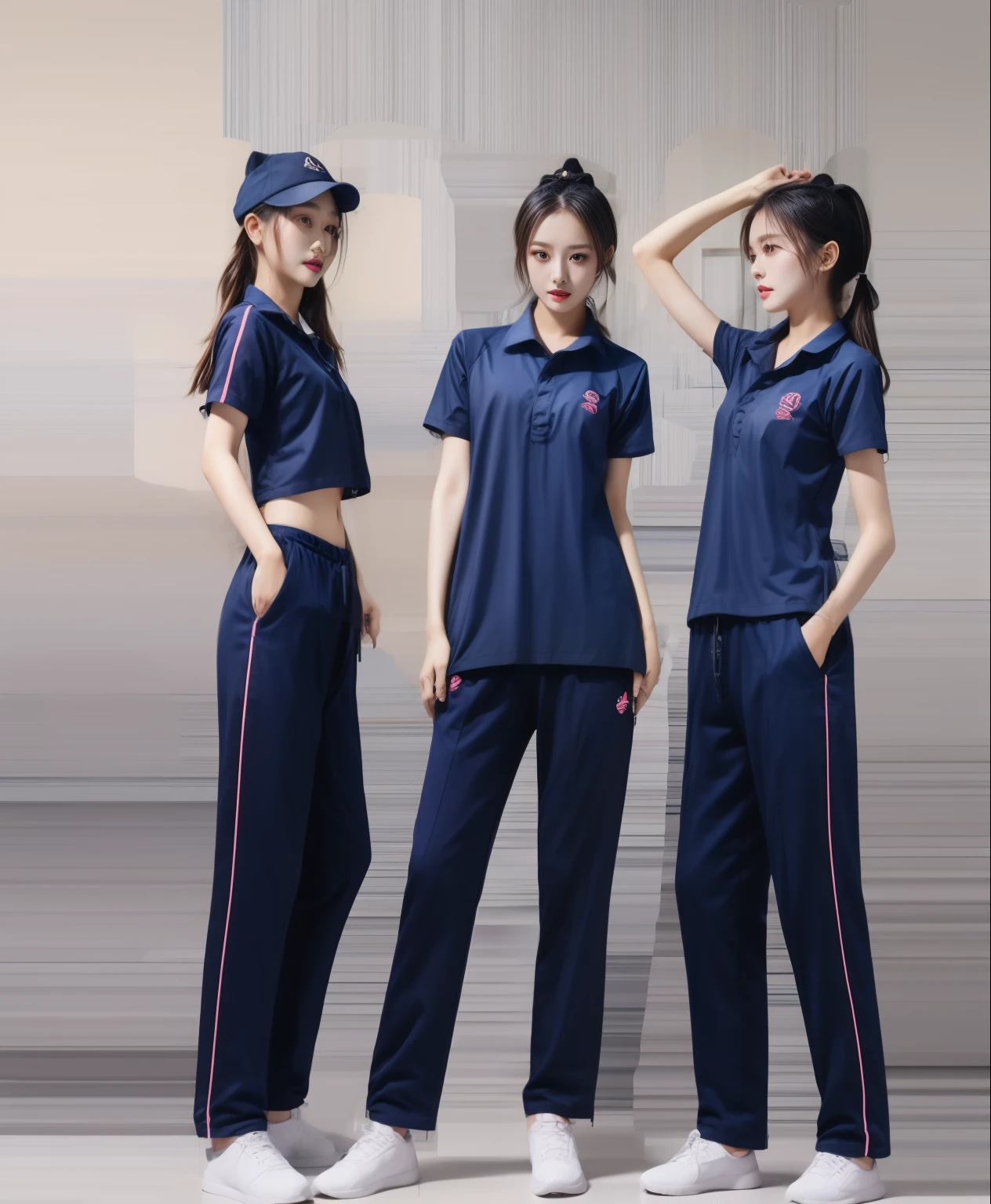 3 girls in fitness center, Navy blue short-sleeved shirt,Navy Long Trackpant,Sweatpants, Sweatpantsขายาว,25 year old girl, lesbian, sexy, exercise clothes, wet body, exercise clothes