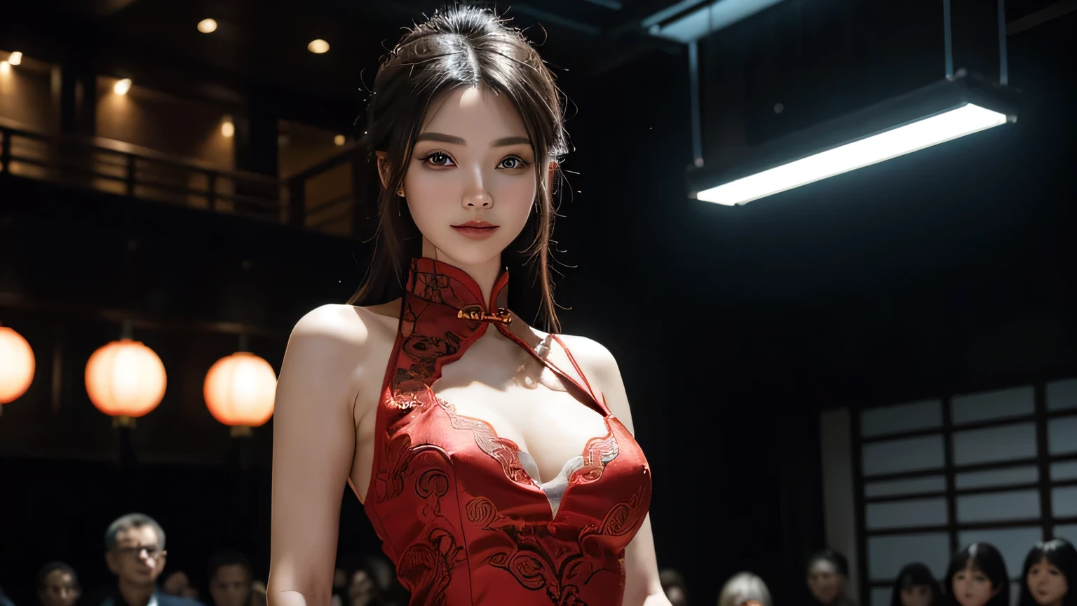 4K, A high resolution, Best quality at best, masterpiece, perfect colors, perfect shadow, perfect litthing, ((sportrait)), 1woman, fit-muscled body, bright yellow eyes,dark blue hair , blue eyes, With round lenses, The audience watched carefully, (s face: 1.2), Perfect female figure, ((standing)), ( beautiful red chinese qipao dress-clad woman stands in the half-light, her cleavage accentuated by the sharp focus of the camera. The modern red chinese qipao dress, adorned with intricate patterns), ((smile shy and looking at viewert)), (Perfect thick white eyebrows) Delicate fur, 详细s face, s the perfect face, chinese cyber punk city, cyber punk lighting atmosphere, ((Bonifasko lighting)), (The round lenses on his eyes)(詳細な目), Perfect student, face close up, small breast. face close up